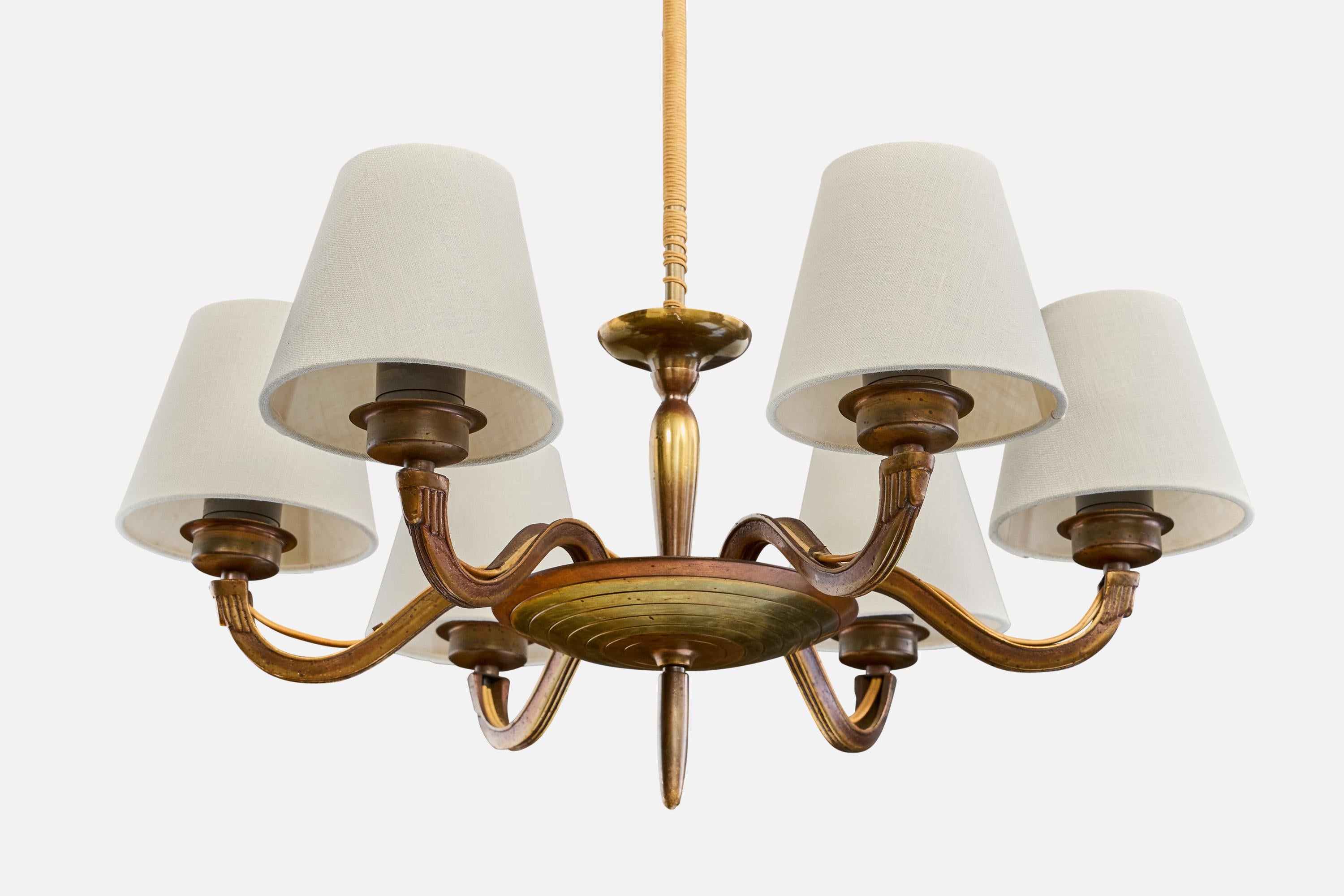 Paavo Tynell, Chandelier, Brass, Fabric, Cord, Finland, 1930s For Sale 1