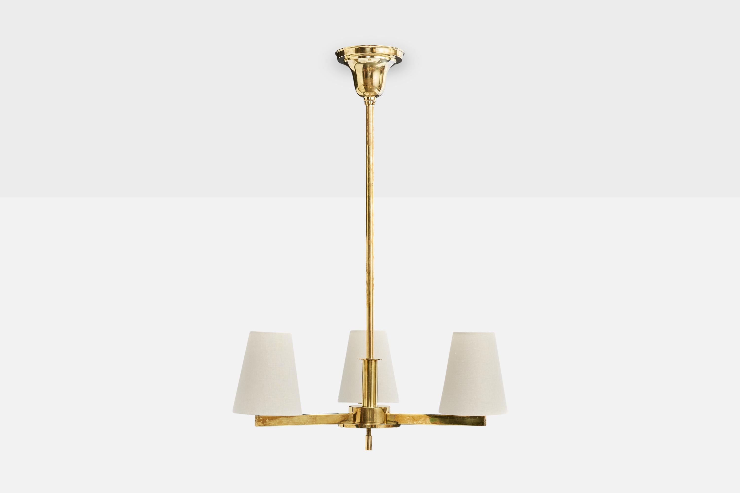Mid-Century Modern Paavo Tynell, Chandelier, Brass, Fabric, Finland, 1940s For Sale