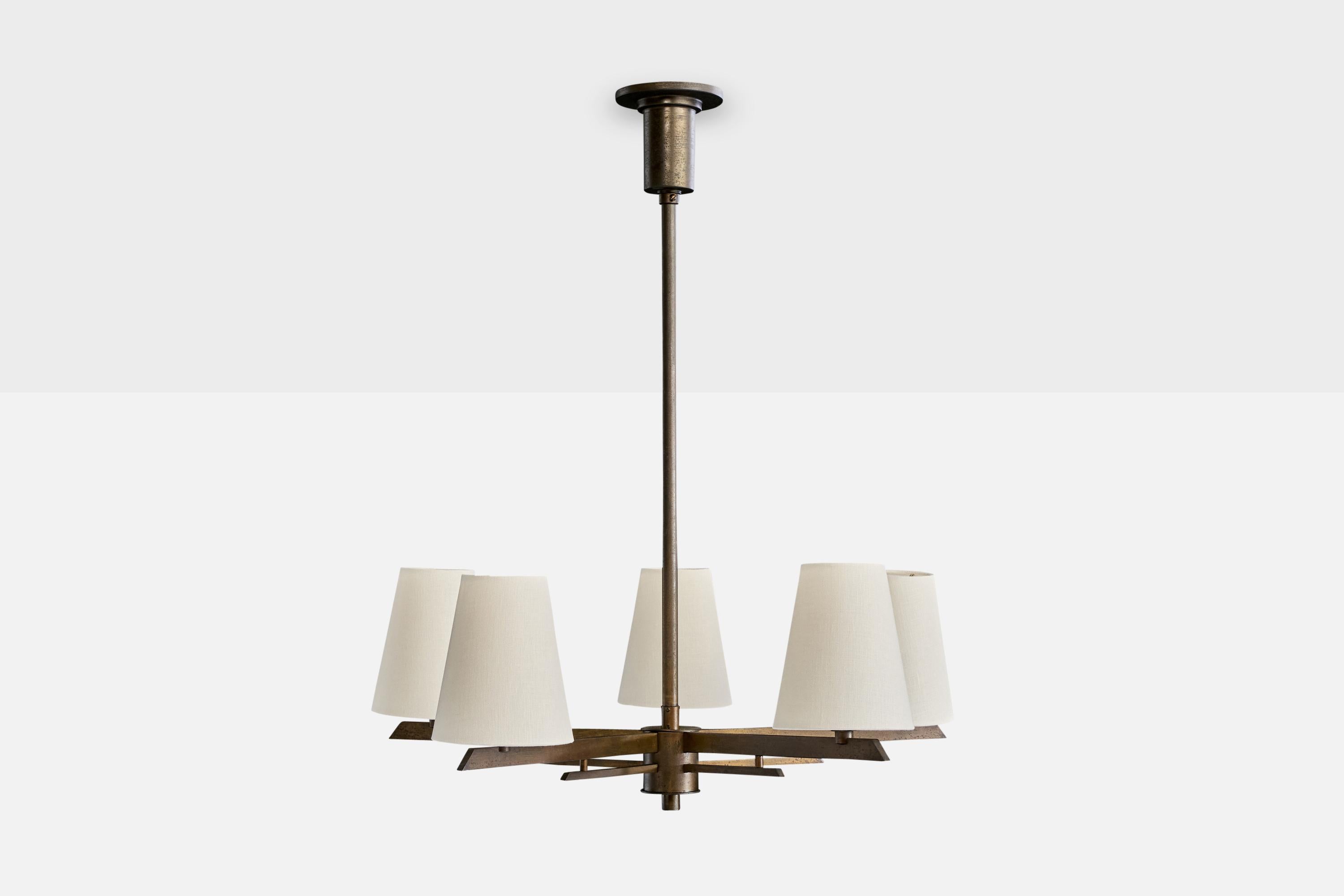 Mid-Century Modern Paavo Tynell, Chandelier, Brass, Fabric, Finland, 1940s For Sale