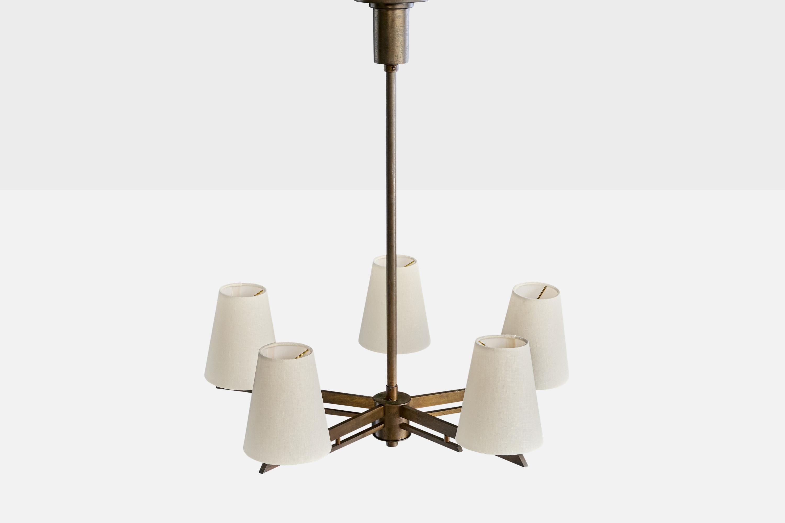 Finnish Paavo Tynell, Chandelier, Brass, Fabric, Finland, 1940s For Sale