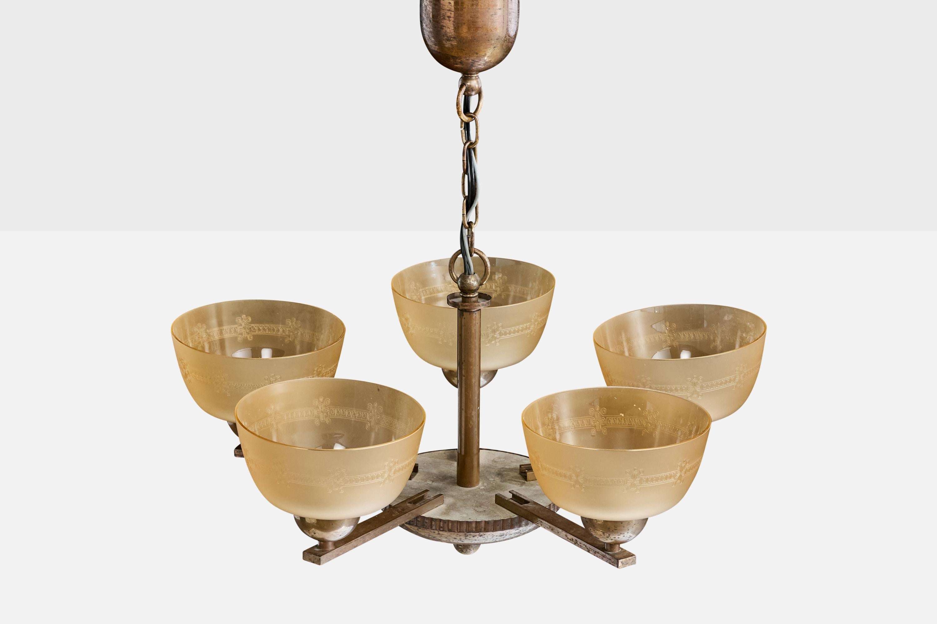 Paavo Tynell, Kronleuchter, Messing, Glas, Finnland, 1930er Jahre (Finnisch) im Angebot