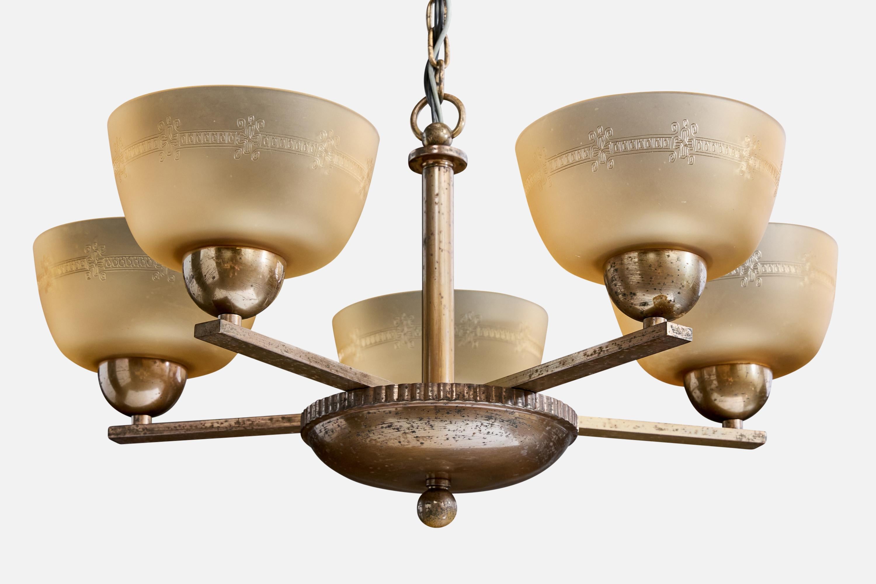 Paavo Tynell, Kronleuchter, Messing, Glas, Finnland, 1930er Jahre im Zustand „Gut“ im Angebot in High Point, NC