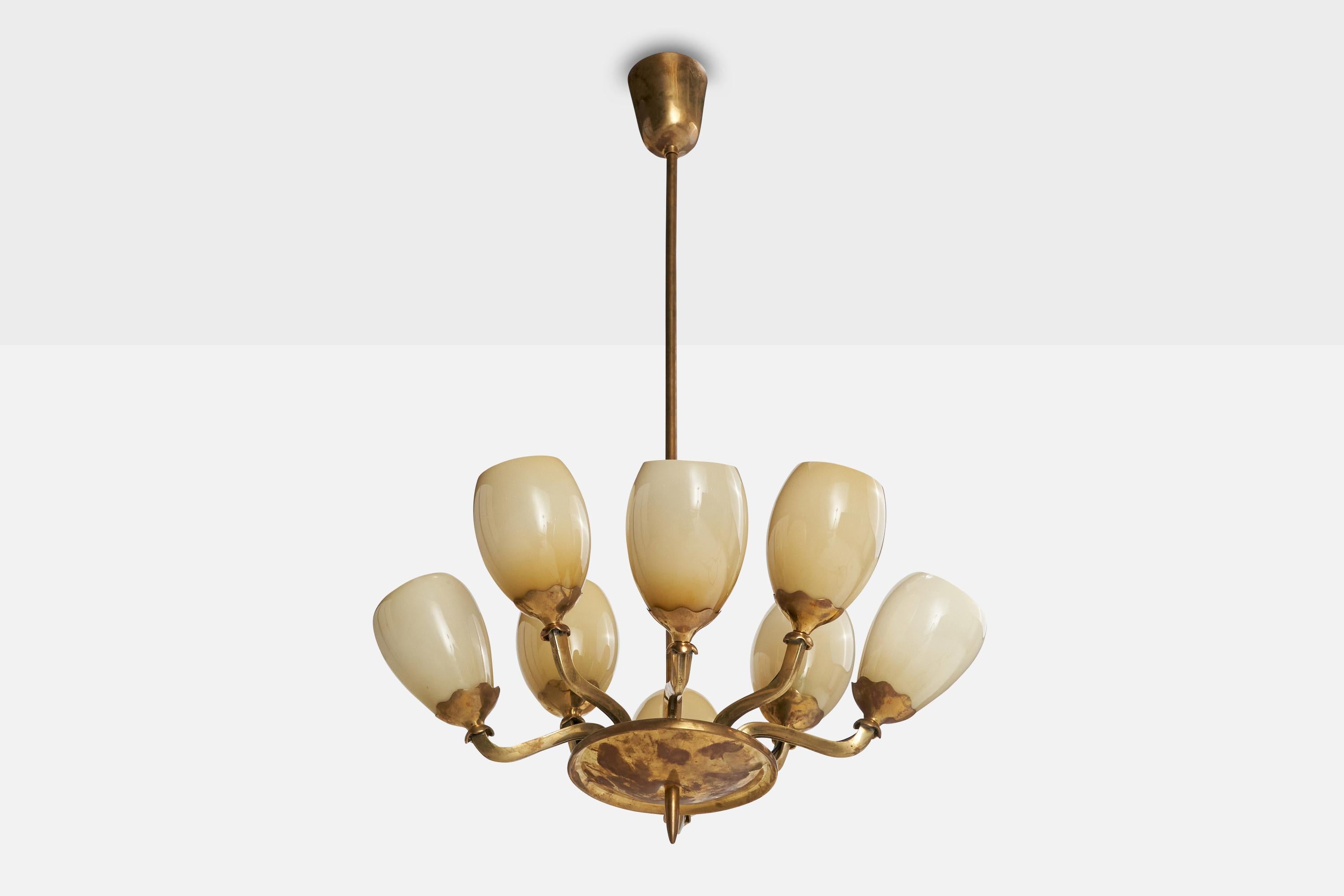 A brass and opaline glass chandelier designed by Paavo Tynell and produced by Taito, Oy, Finland, 1940s.

Overall Dimensions (inches): 37” H x  25” Diameter

Dimensions of Canopy:  5” H x 4” Diameter

Stem length: 29” H

Bulb Specifications: E-26