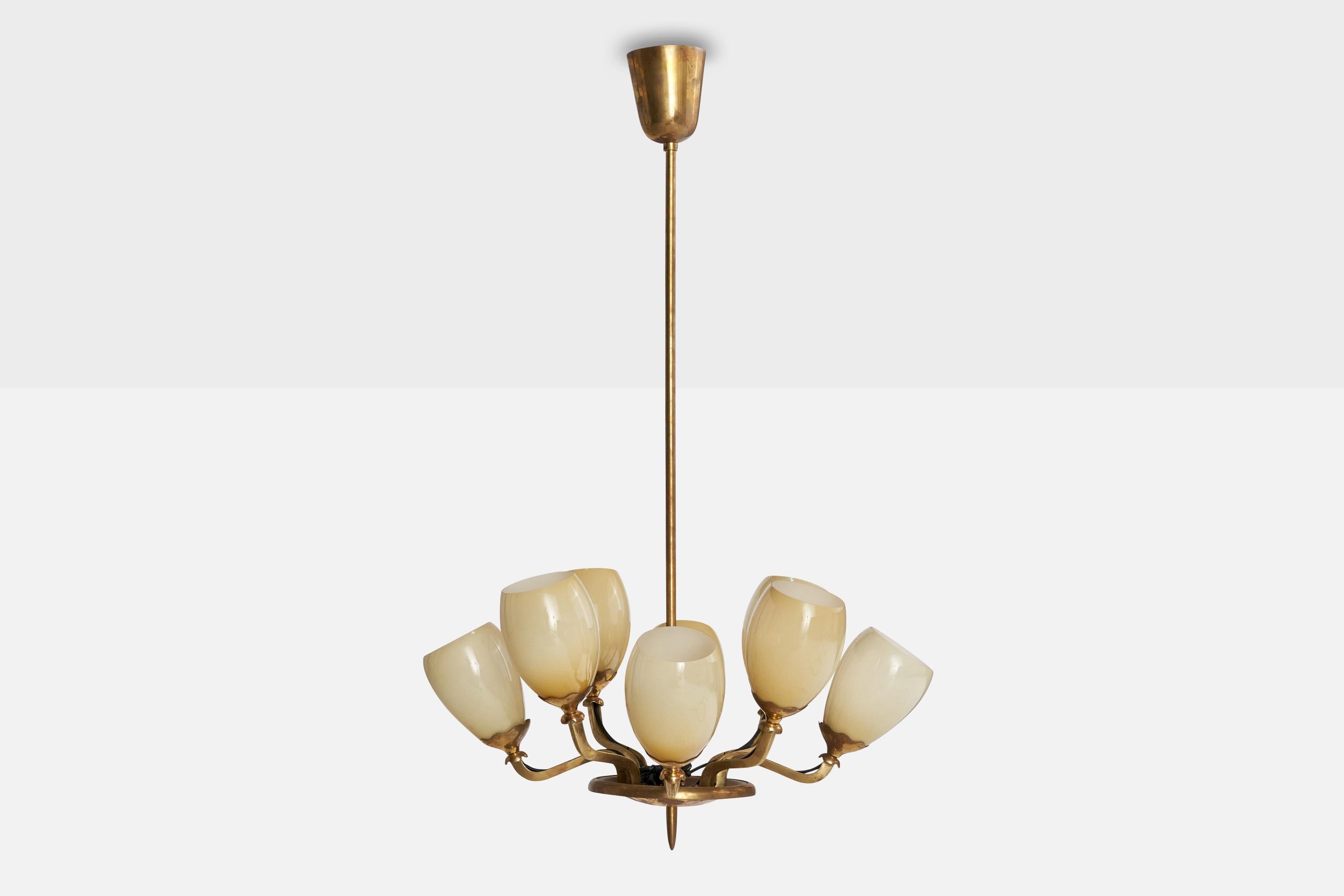 Scandinavian Modern Paavo Tynell, Chandelier, Brass, Glass, Finland, 1940s