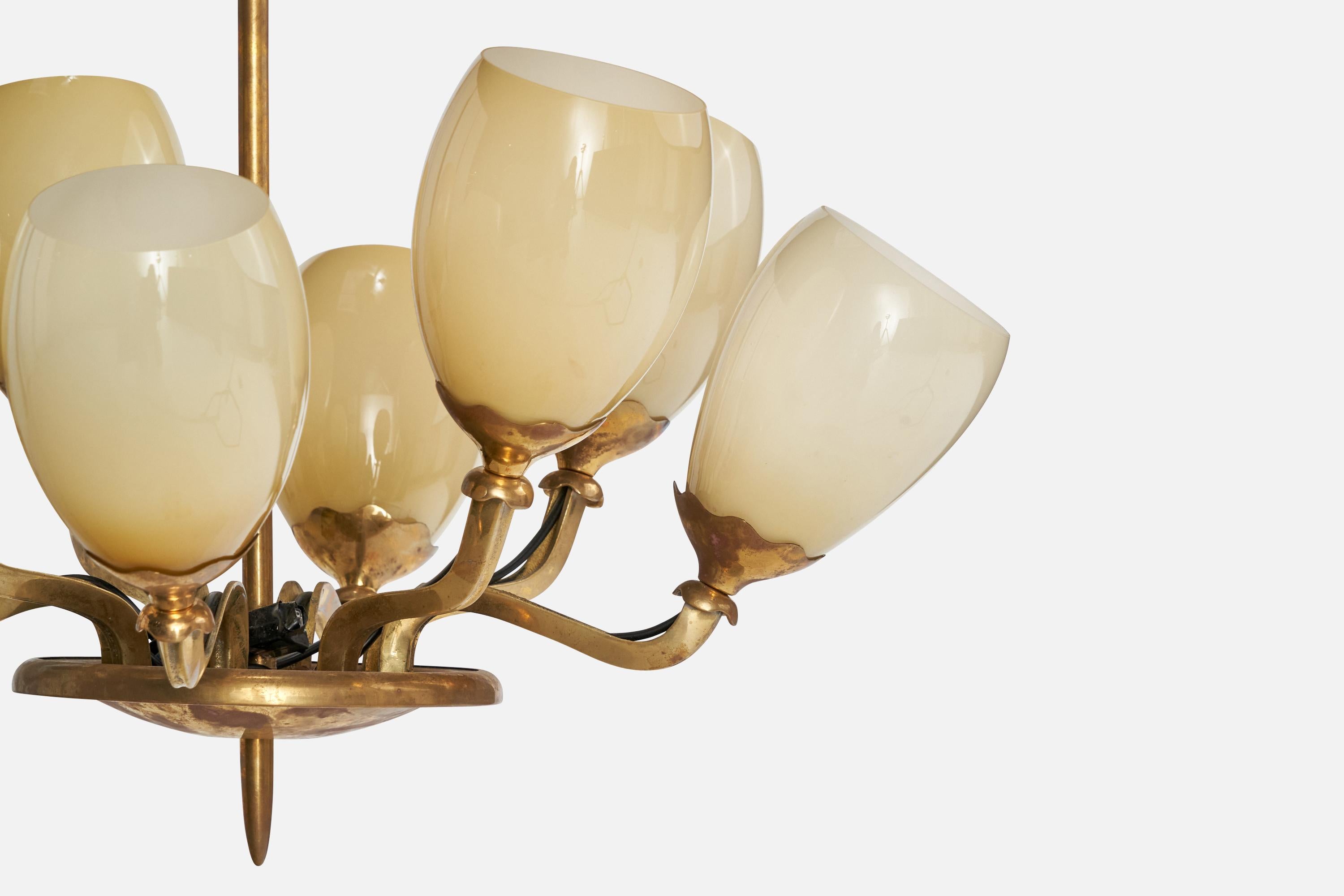 Mid-20th Century Paavo Tynell, Chandelier, Brass, Glass, Finland, 1940s