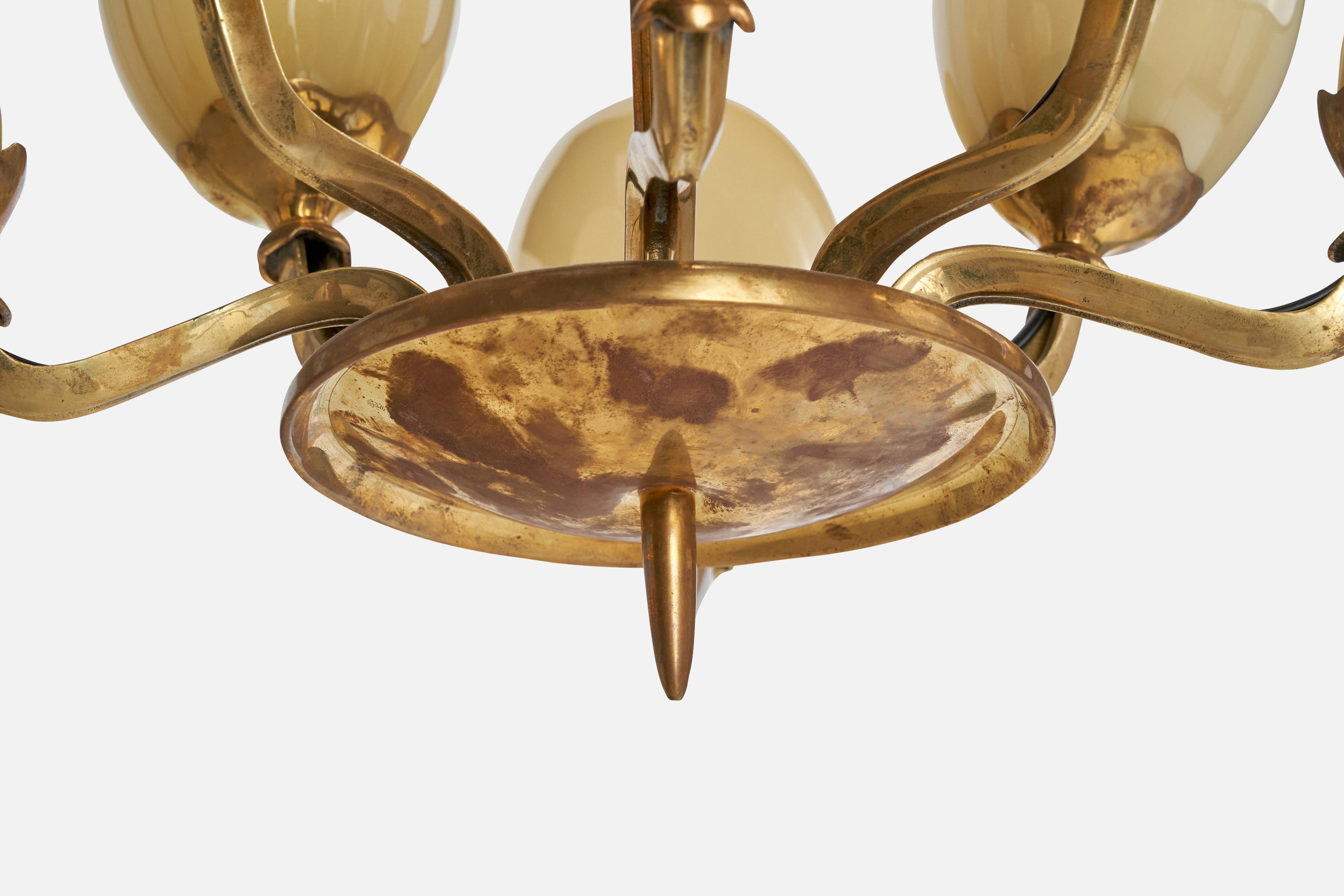 Paavo Tynell, Chandelier, Brass, Glass, Finland, 1940s 1