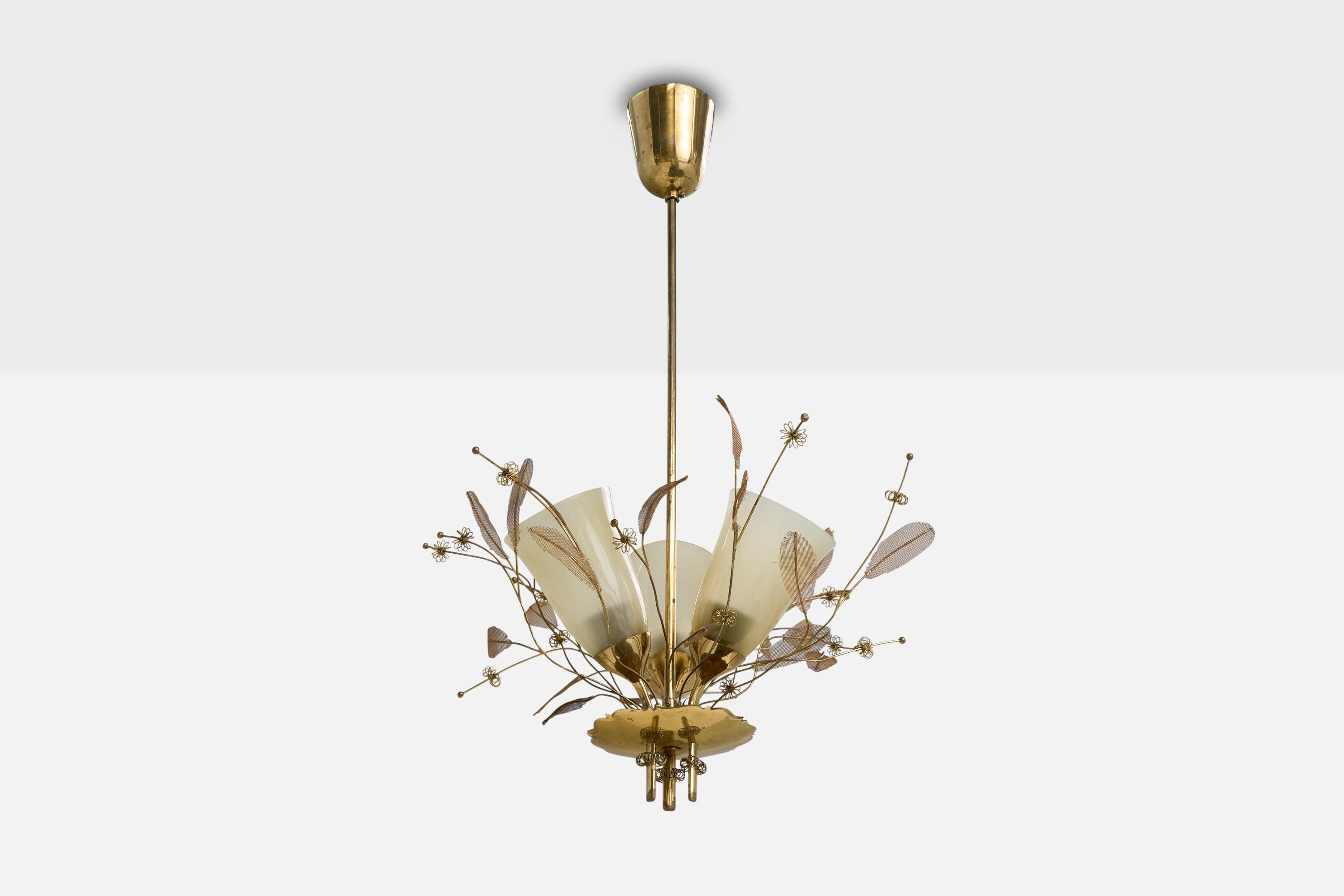A brass and opaline glass chandelier designed by Paavo Tynell and produced by Taito, Finland, c. 1950s.

Overall Dimensions (inches): 28.5” H x 23” Diameter

Dimensions of Canopy: 4.4“ H x 3.6” Diameter 

Stem length: 26.25” H

Bulb