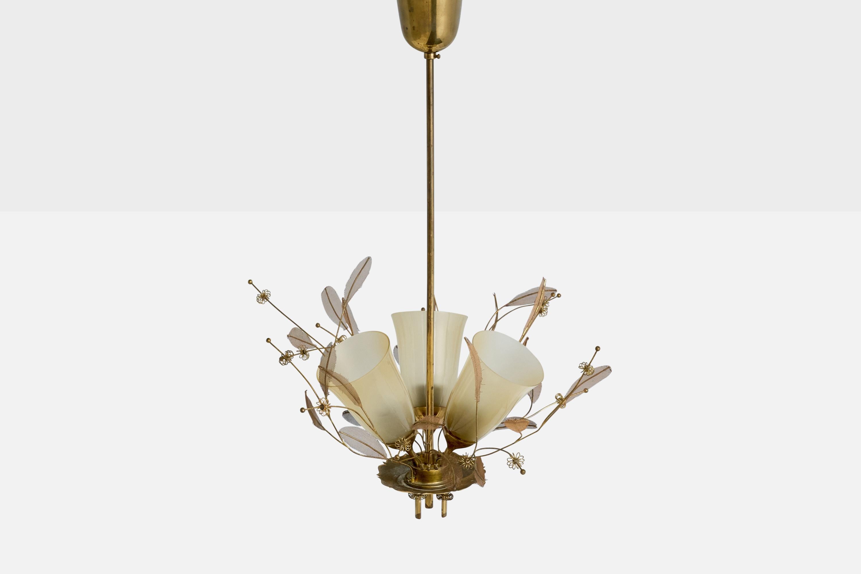 Mid-20th Century Paavo Tynell, Chandelier, Brass, Glass, Finland, 1950s For Sale