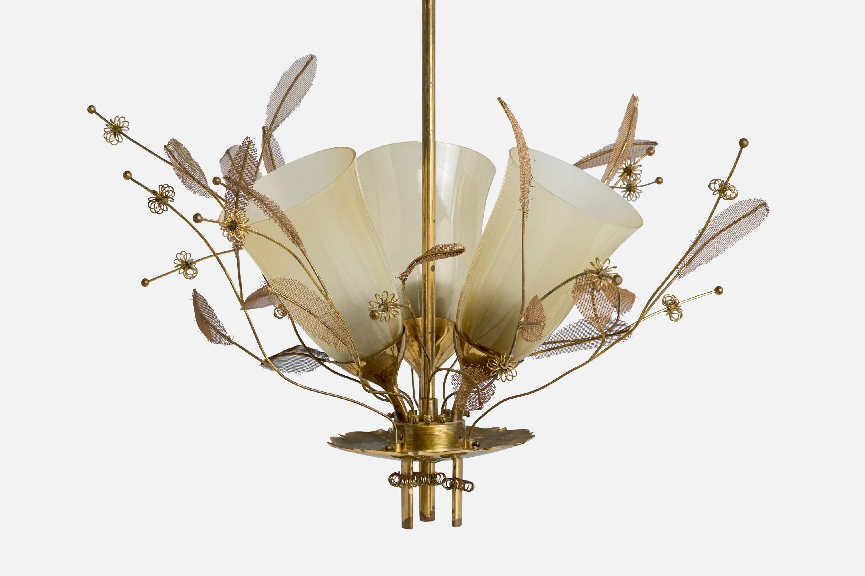 Paavo Tynell, Chandelier, Brass, Glass, Finland, 1950s For Sale 1
