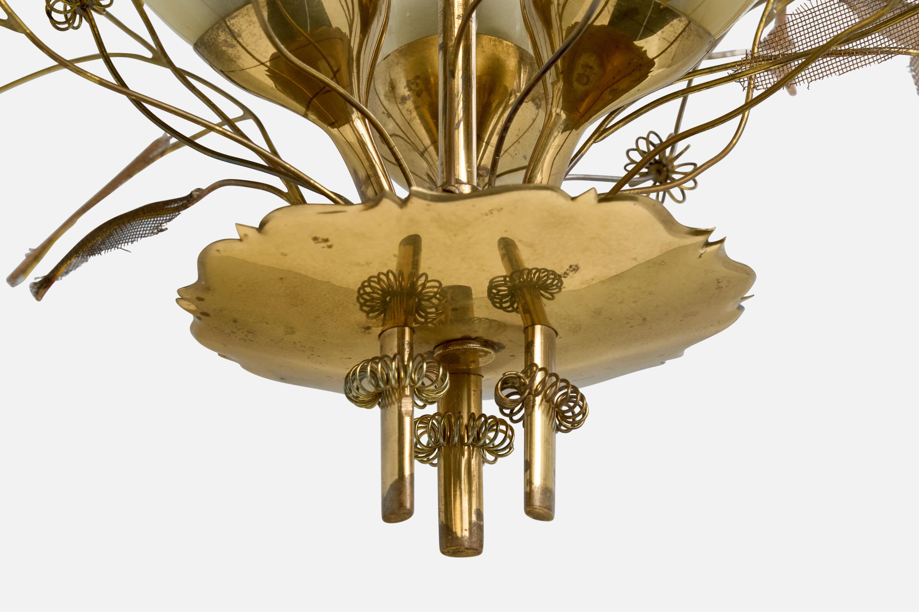 Paavo Tynell, Chandelier, Brass, Glass, Finland, 1950s For Sale 2