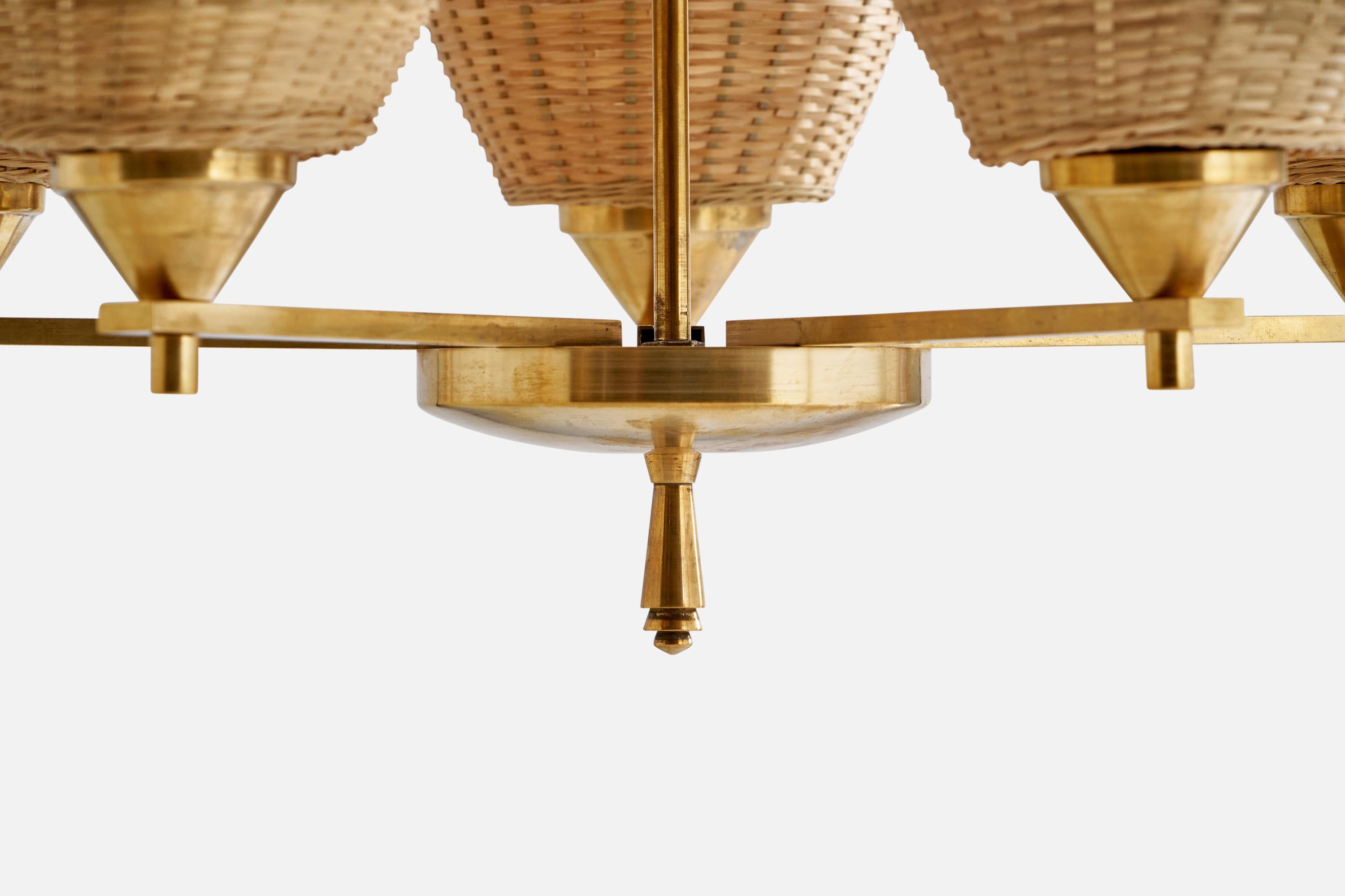 Finnish Paavo Tynell, Chandelier, Brass, Rattan, Finland, 1930s For Sale