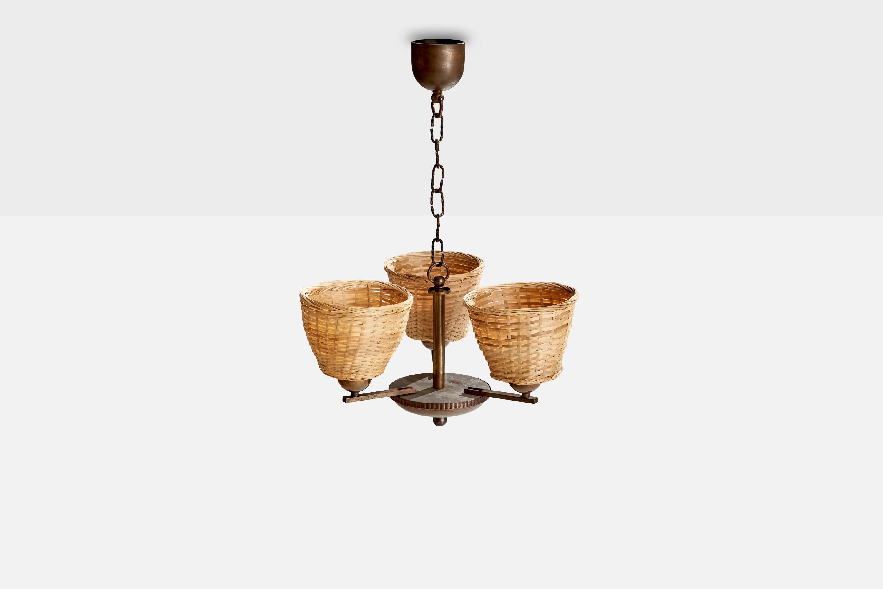 Finnish Paavo Tynell, Chandelier, Brass, Rattan, Finland, 1930s For Sale