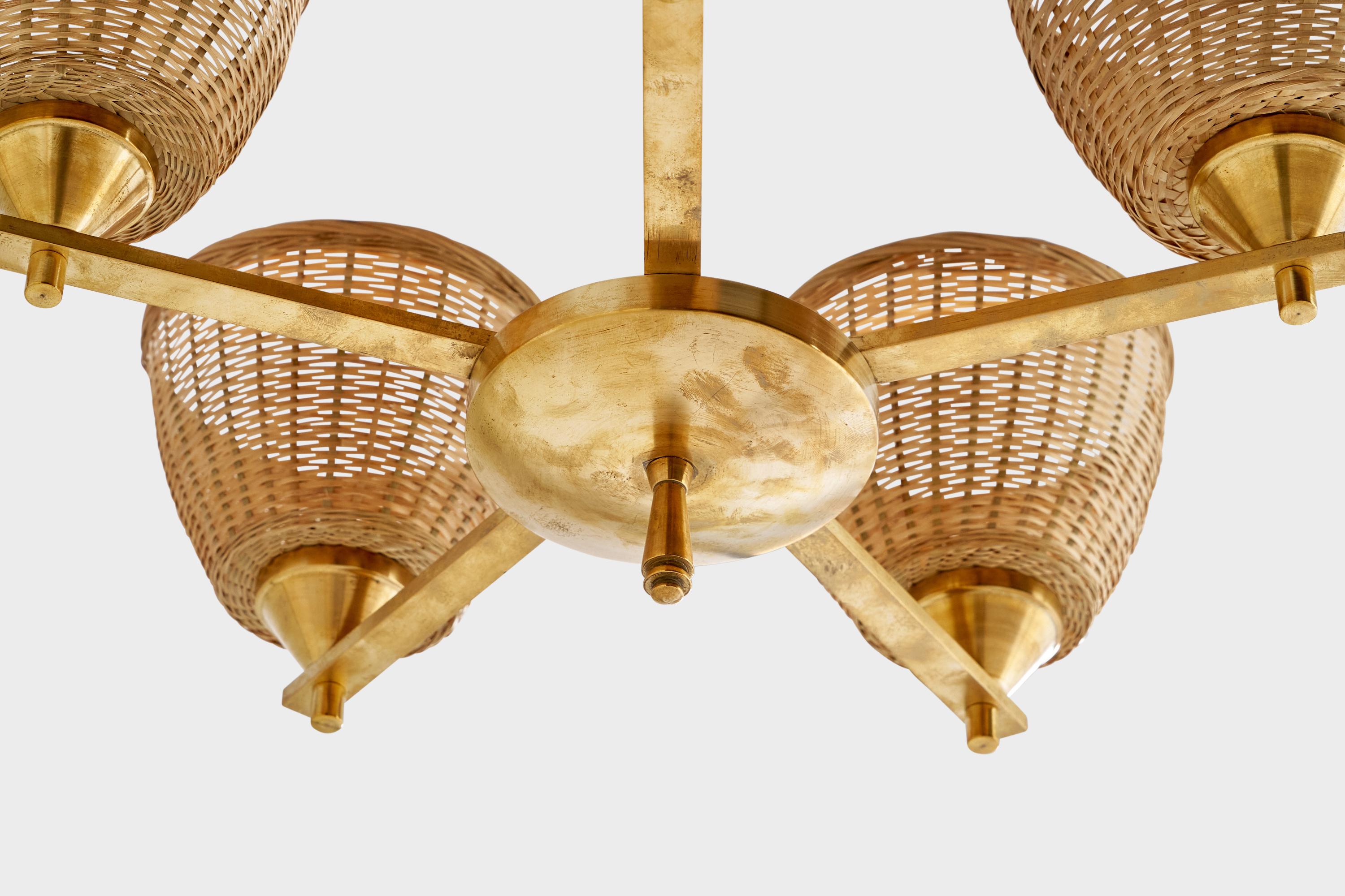 Mid-20th Century Paavo Tynell, Chandelier, Brass, Rattan, Finland, 1930s For Sale