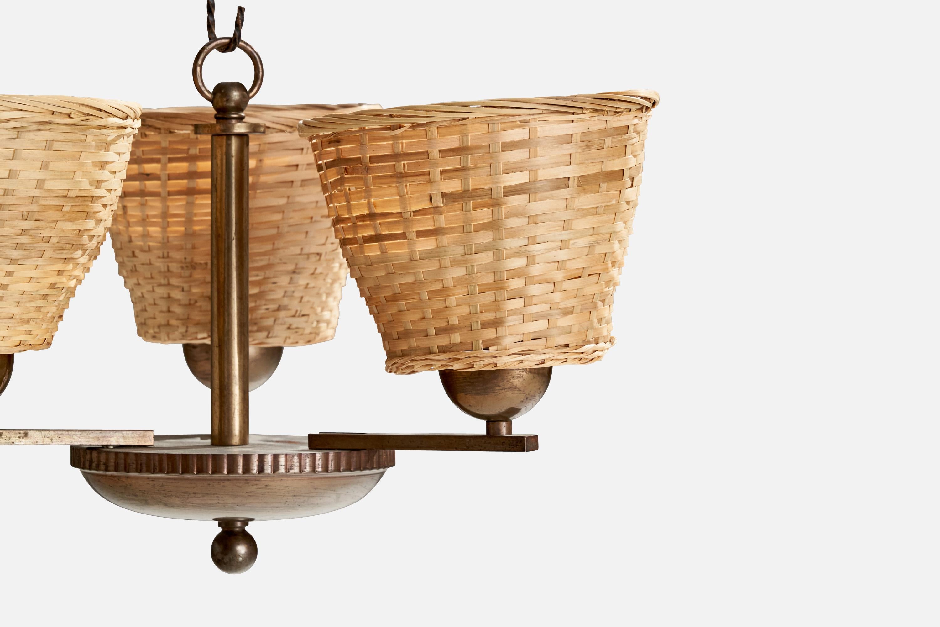 Mid-20th Century Paavo Tynell, Chandelier, Brass, Rattan, Finland, 1930s For Sale