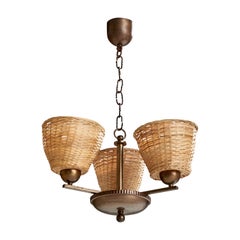 Paavo Tynell, Chandelier, Brass, Rattan, Finland, 1930s