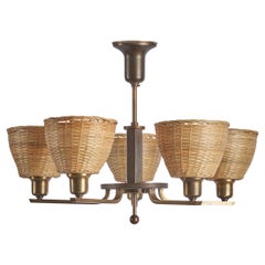 Paavo Tynell, Chandelier, Brass, Rattan, Finland, 1940s