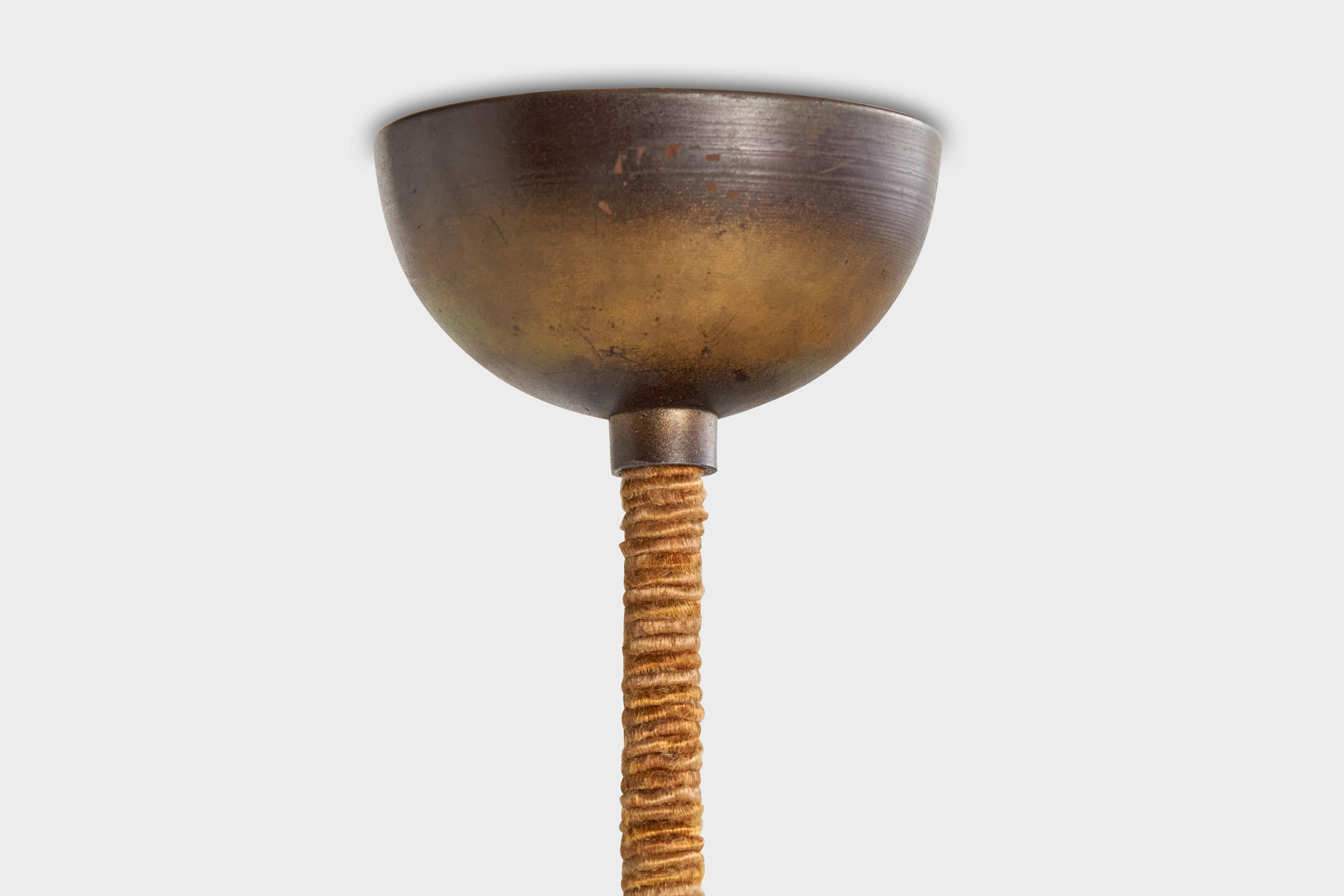 Paavo Tynell, Chandelier, Brass, Wood, Fabric, Finland, 1930s For Sale 4