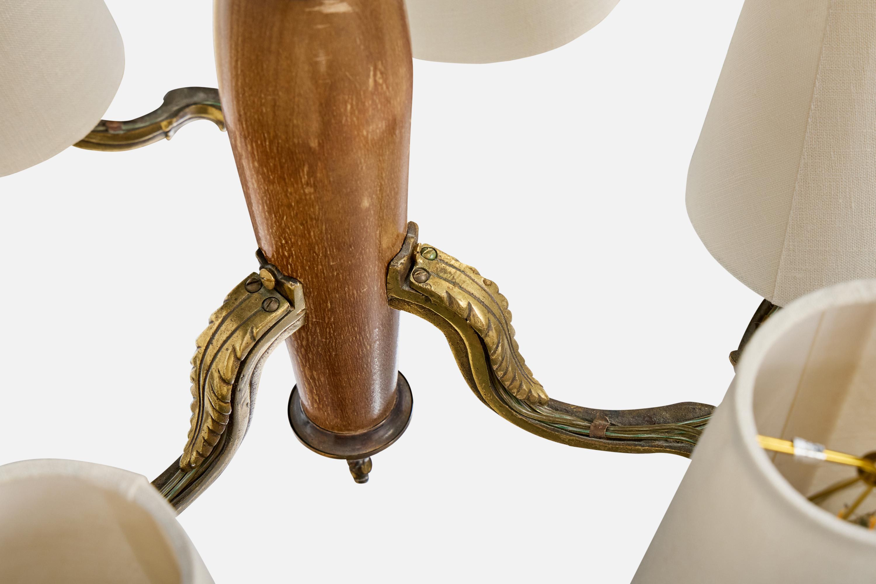 Paavo Tynell, Chandelier, Brass, Wood, Fabric, Finland, 1930s For Sale 4