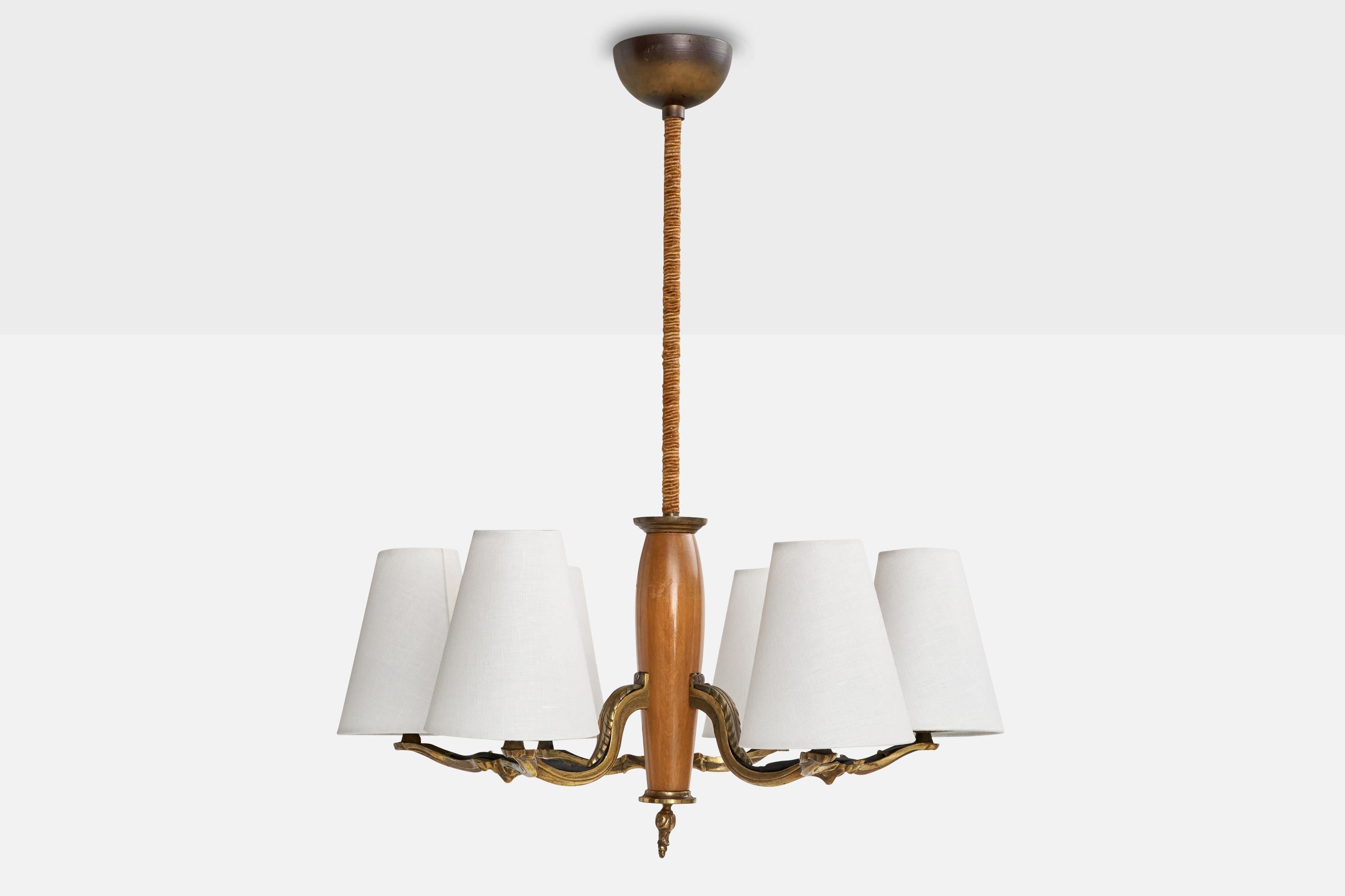 Scandinavian Modern Paavo Tynell, Chandelier, Brass, Wood, Fabric, Finland, 1930s For Sale