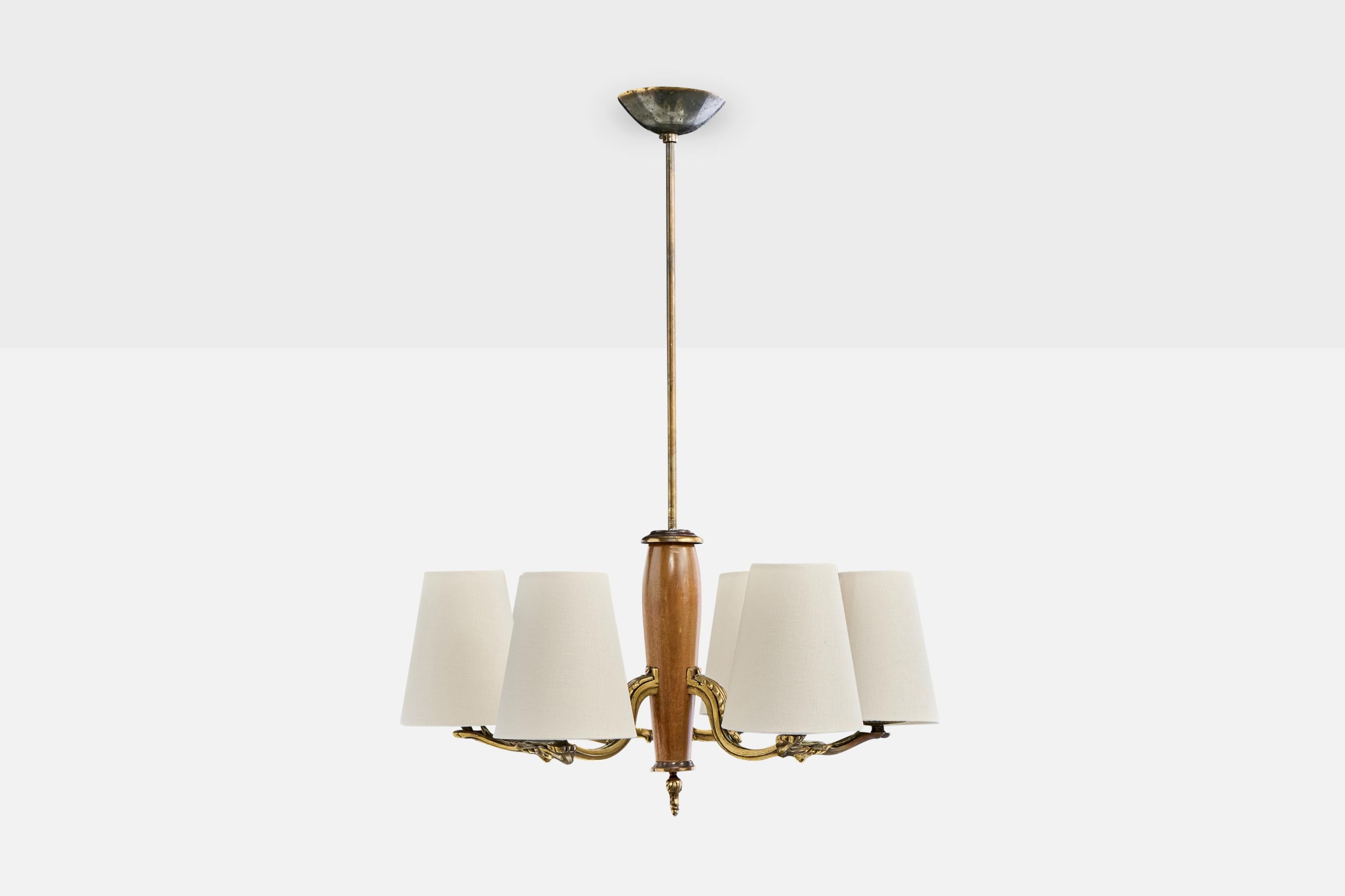 Mid-Century Modern Paavo Tynell, Chandelier, Brass, Wood, Fabric, Finland, 1930s For Sale