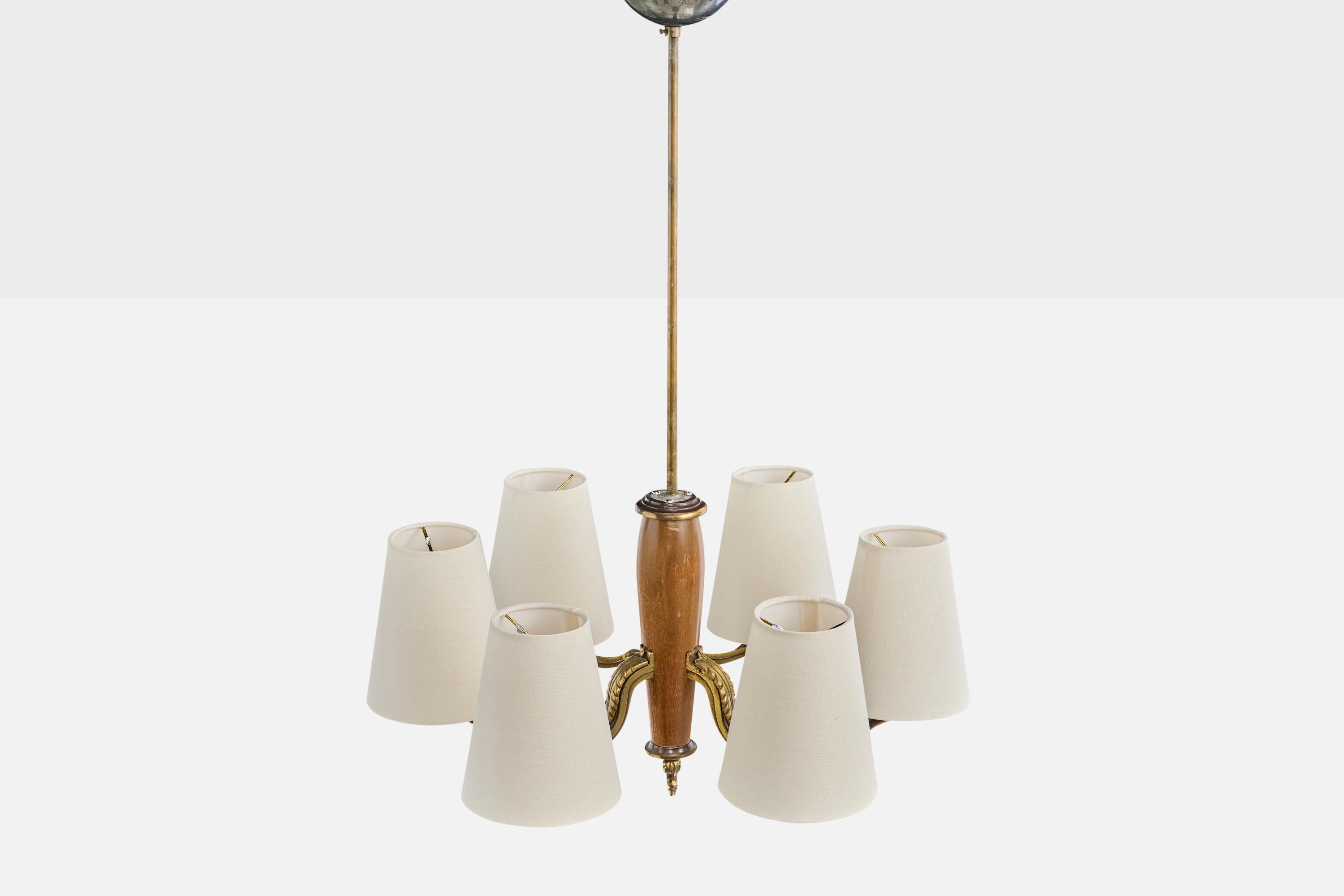 Finnish Paavo Tynell, Chandelier, Brass, Wood, Fabric, Finland, 1930s For Sale