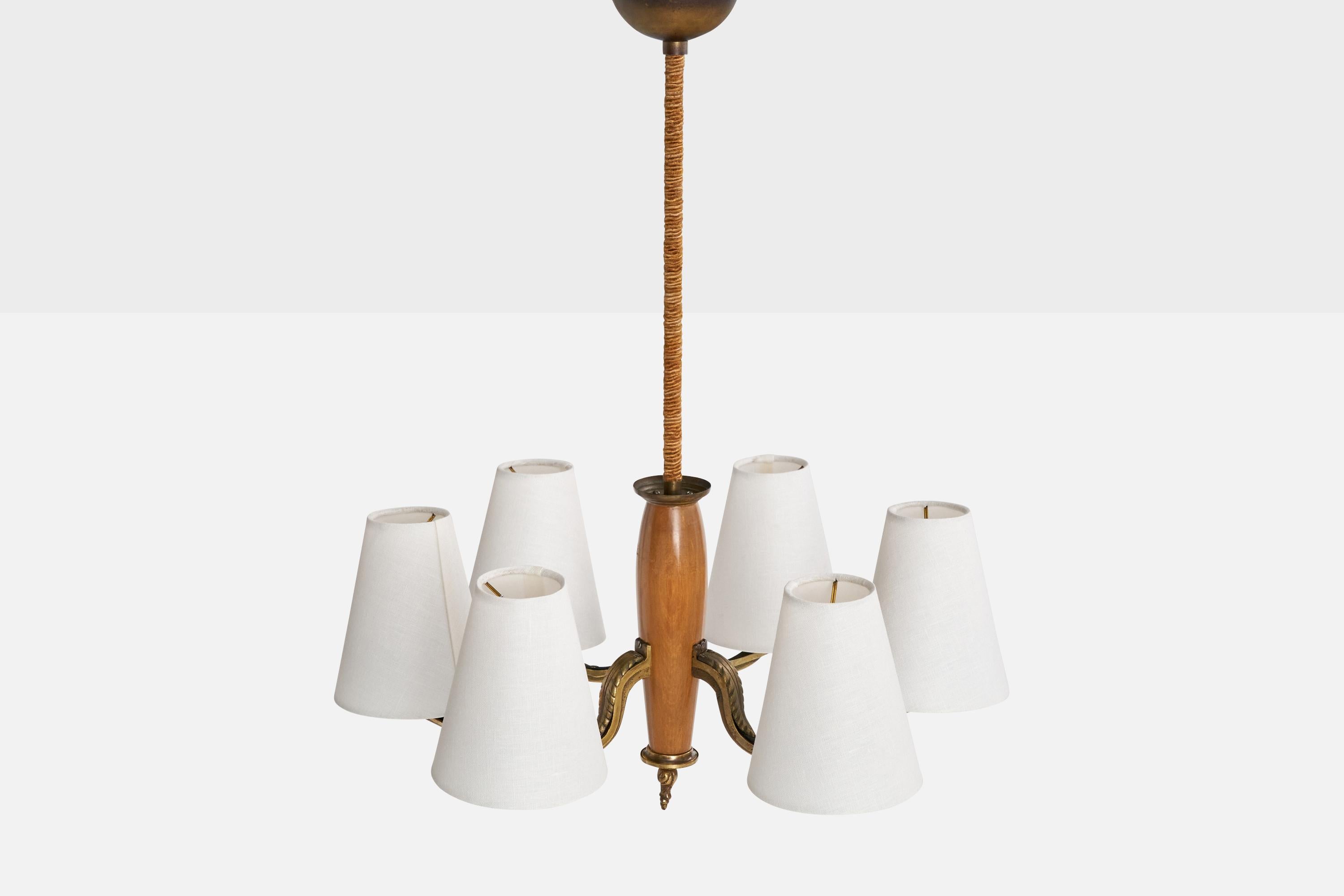 Paavo Tynell, Chandelier, Brass, Wood, Fabric, Finland, 1930s In Good Condition For Sale In High Point, NC