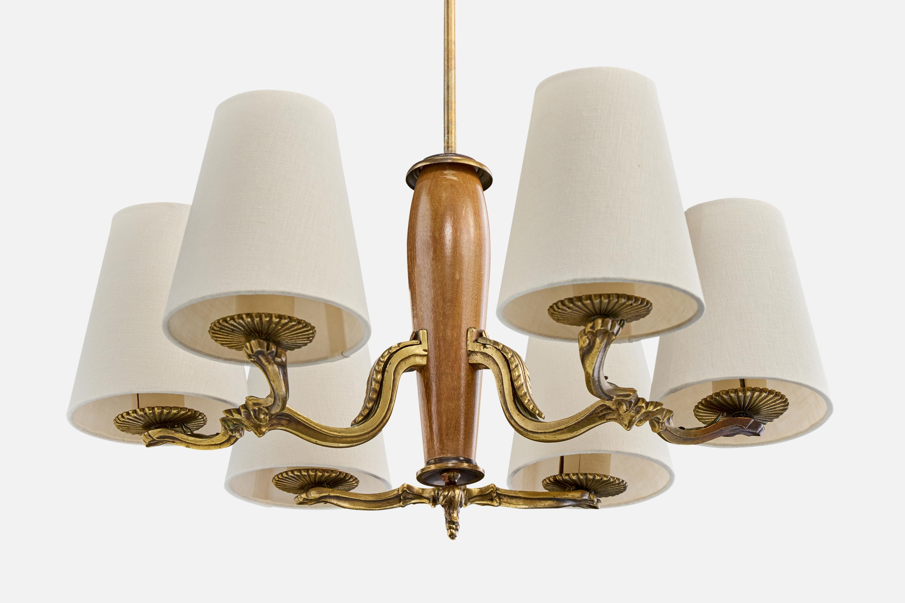Paavo Tynell, Chandelier, Brass, Wood, Fabric, Finland, 1930s In Good Condition For Sale In High Point, NC