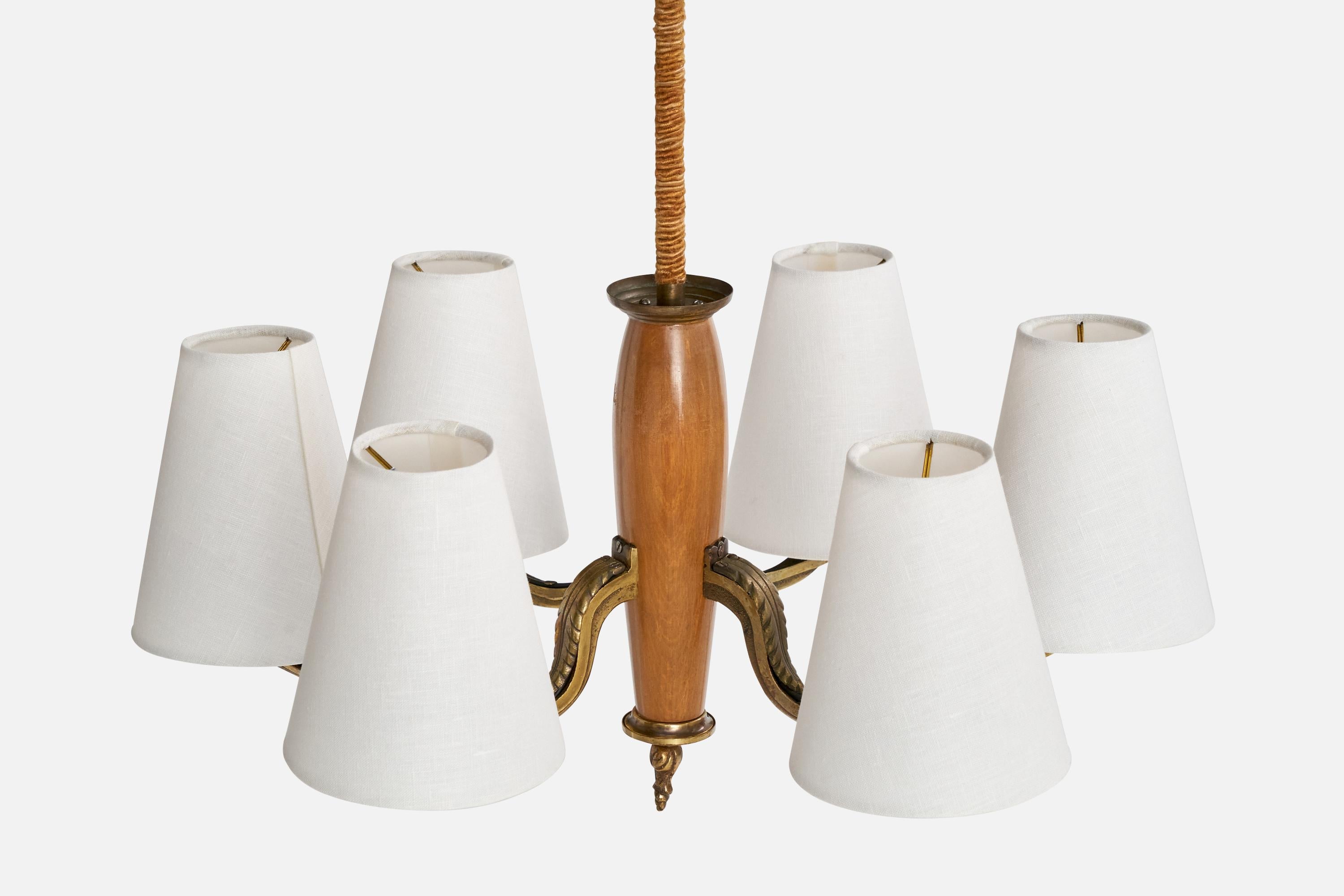 Mid-20th Century Paavo Tynell, Chandelier, Brass, Wood, Fabric, Finland, 1930s For Sale