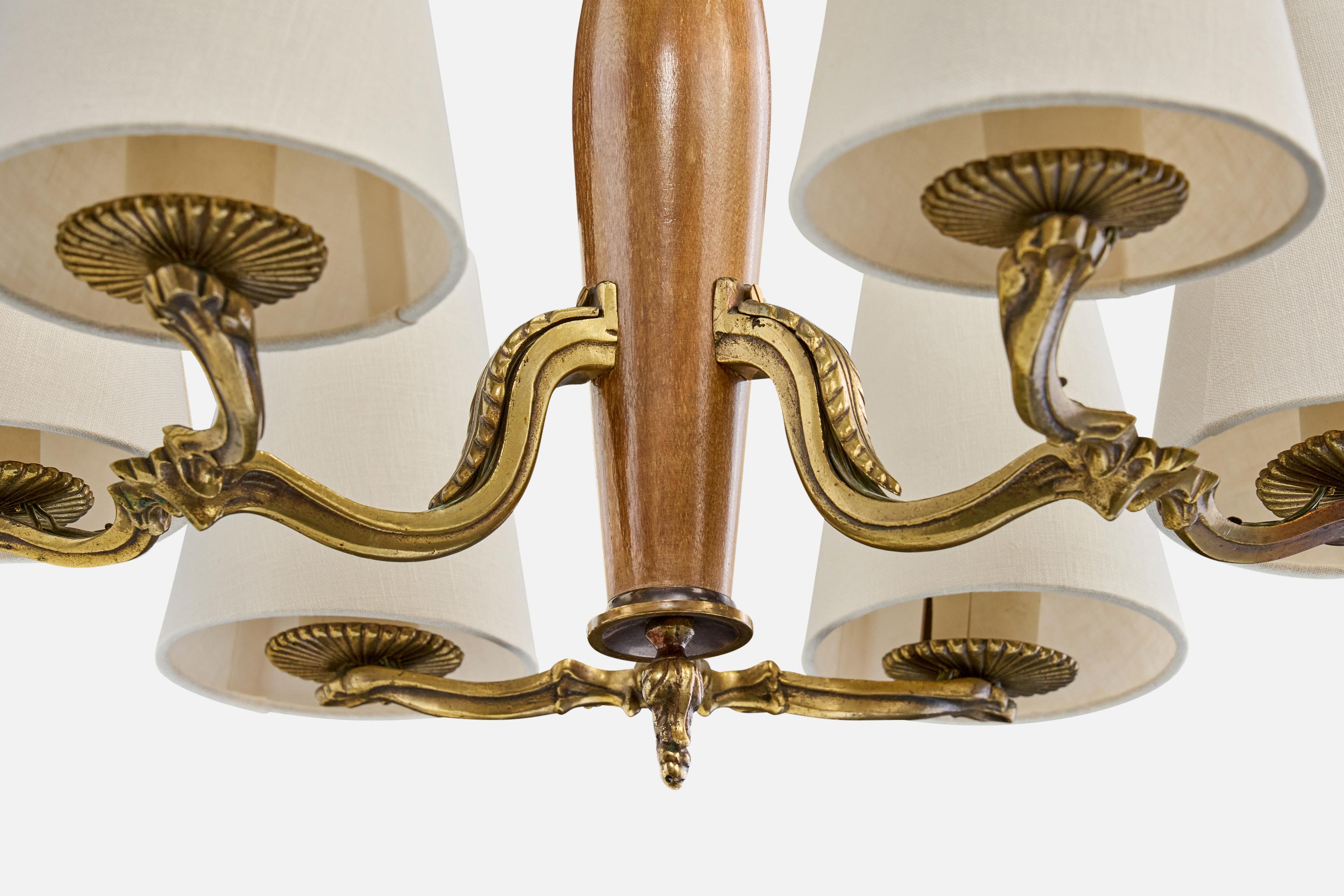 Mid-20th Century Paavo Tynell, Chandelier, Brass, Wood, Fabric, Finland, 1930s For Sale