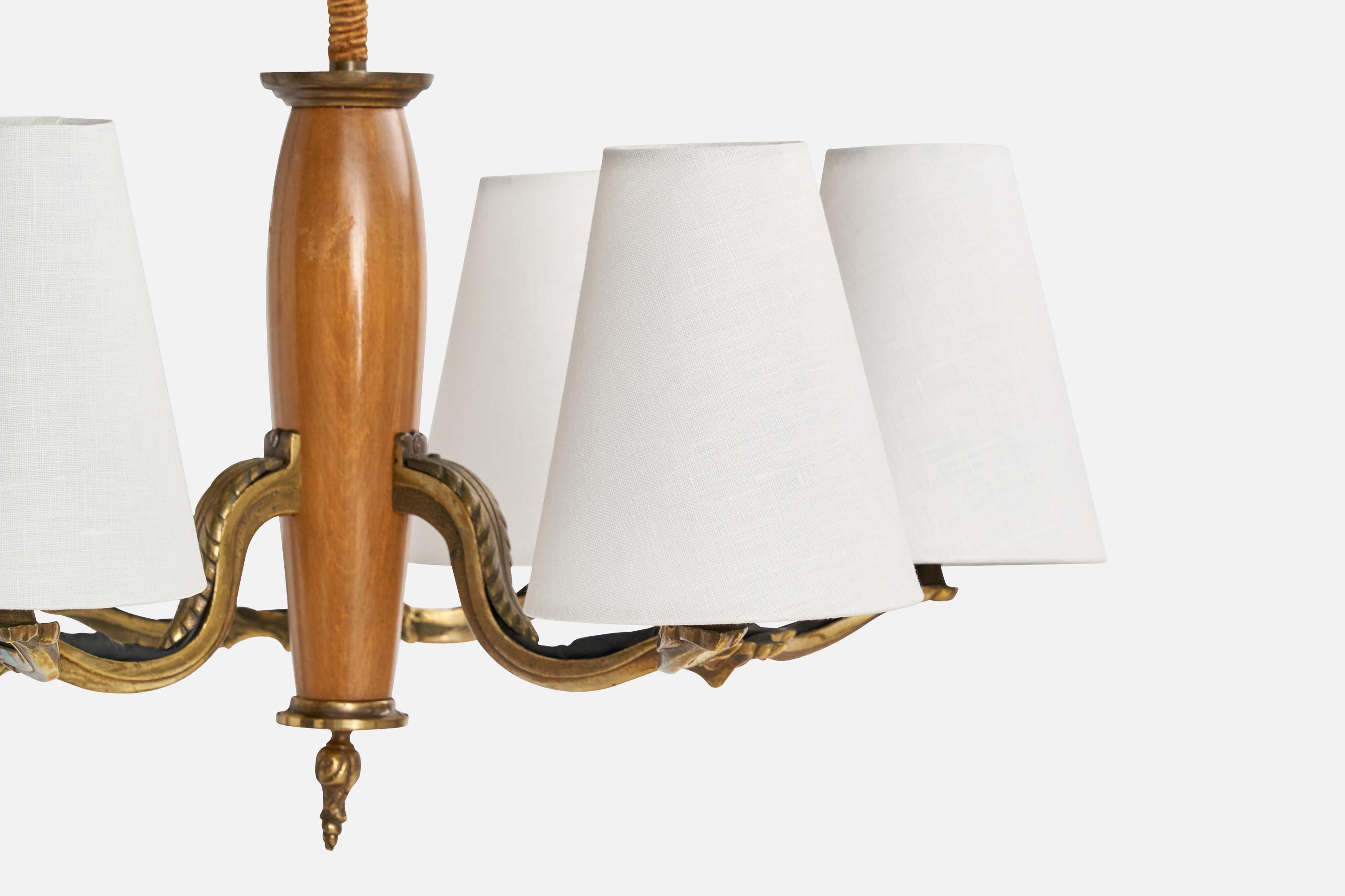 Paavo Tynell, Chandelier, Brass, Wood, Fabric, Finland, 1930s For Sale 1