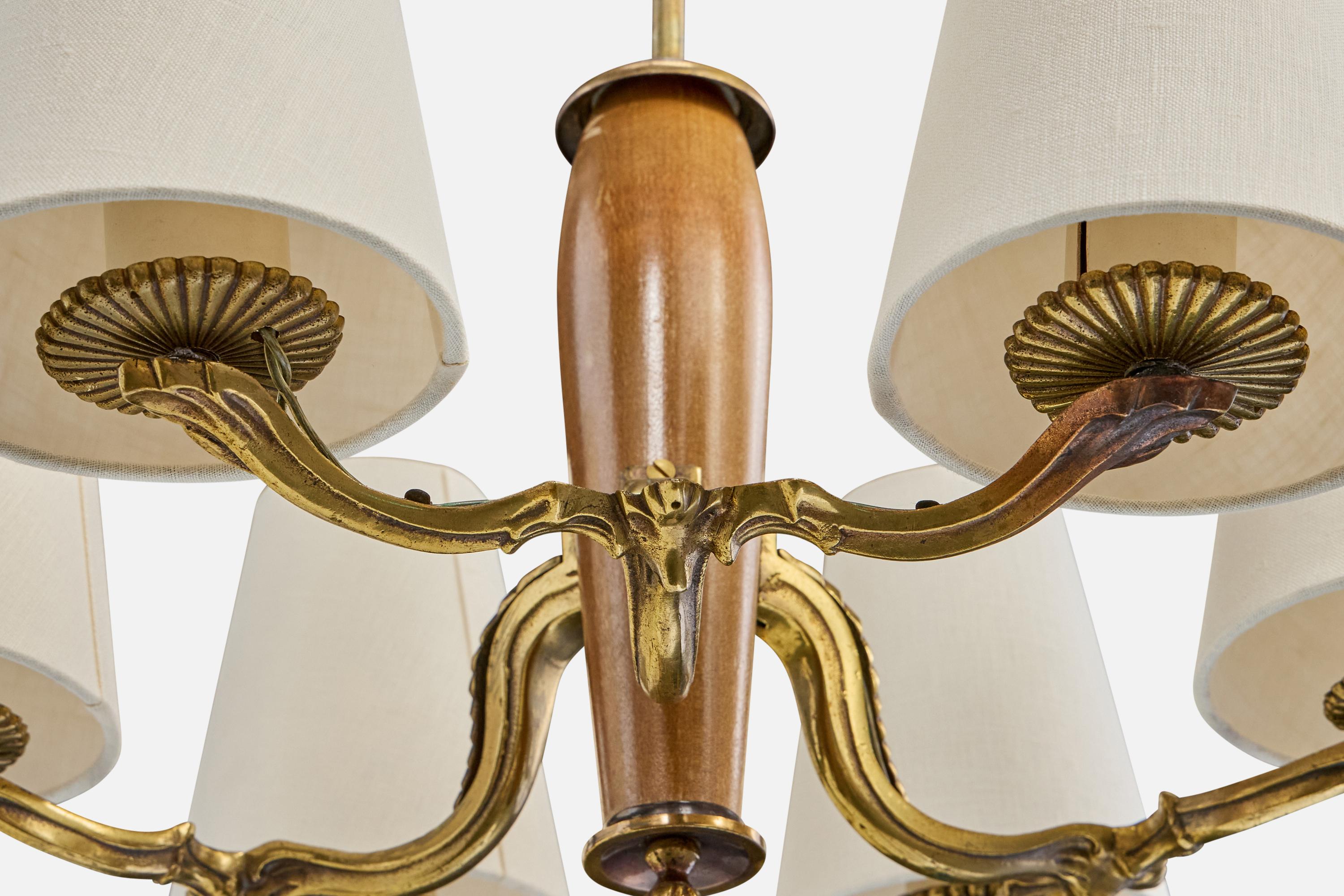 Paavo Tynell, Chandelier, Brass, Wood, Fabric, Finland, 1930s For Sale 1