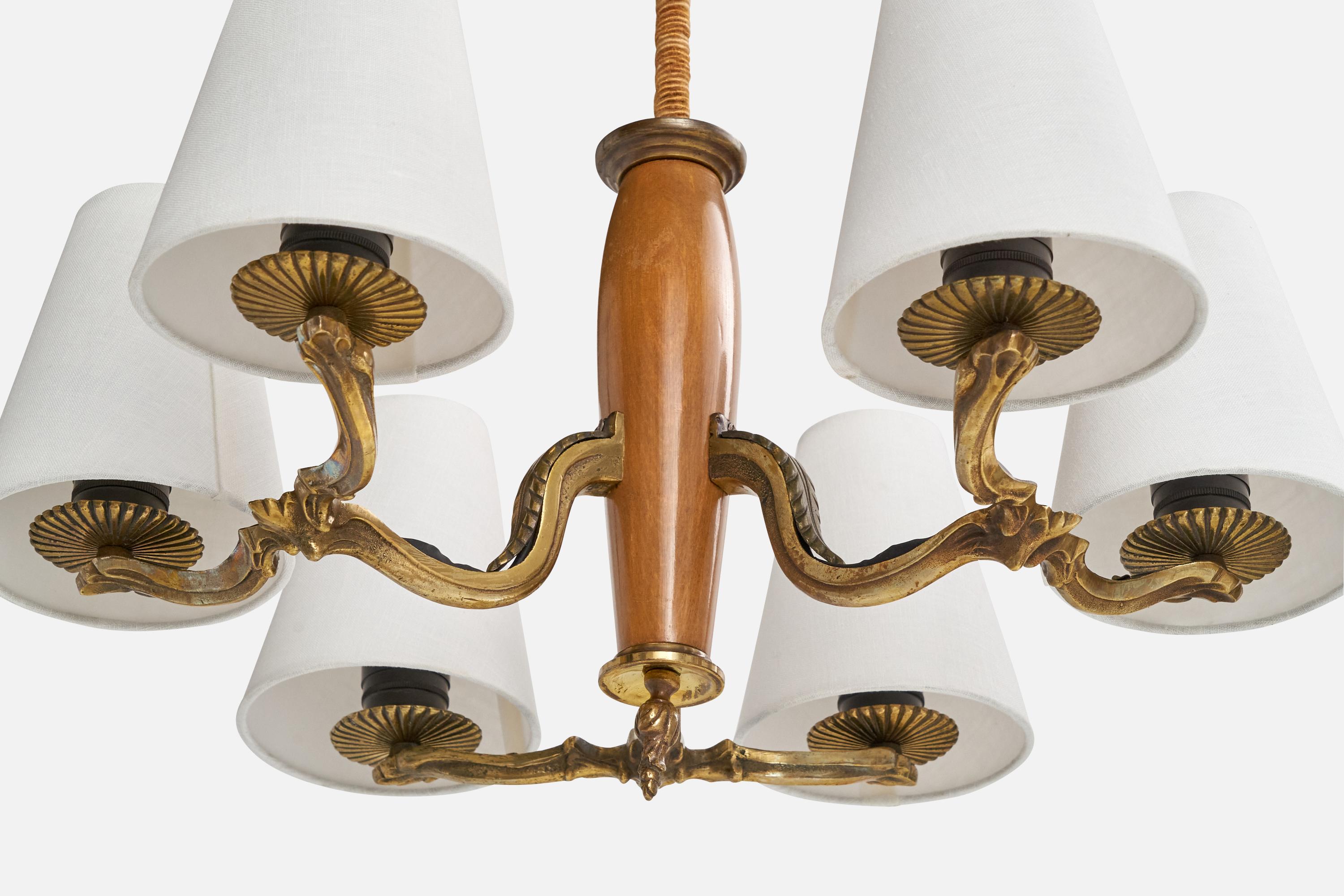 Paavo Tynell, Chandelier, Brass, Wood, Fabric, Finland, 1930s For Sale 2