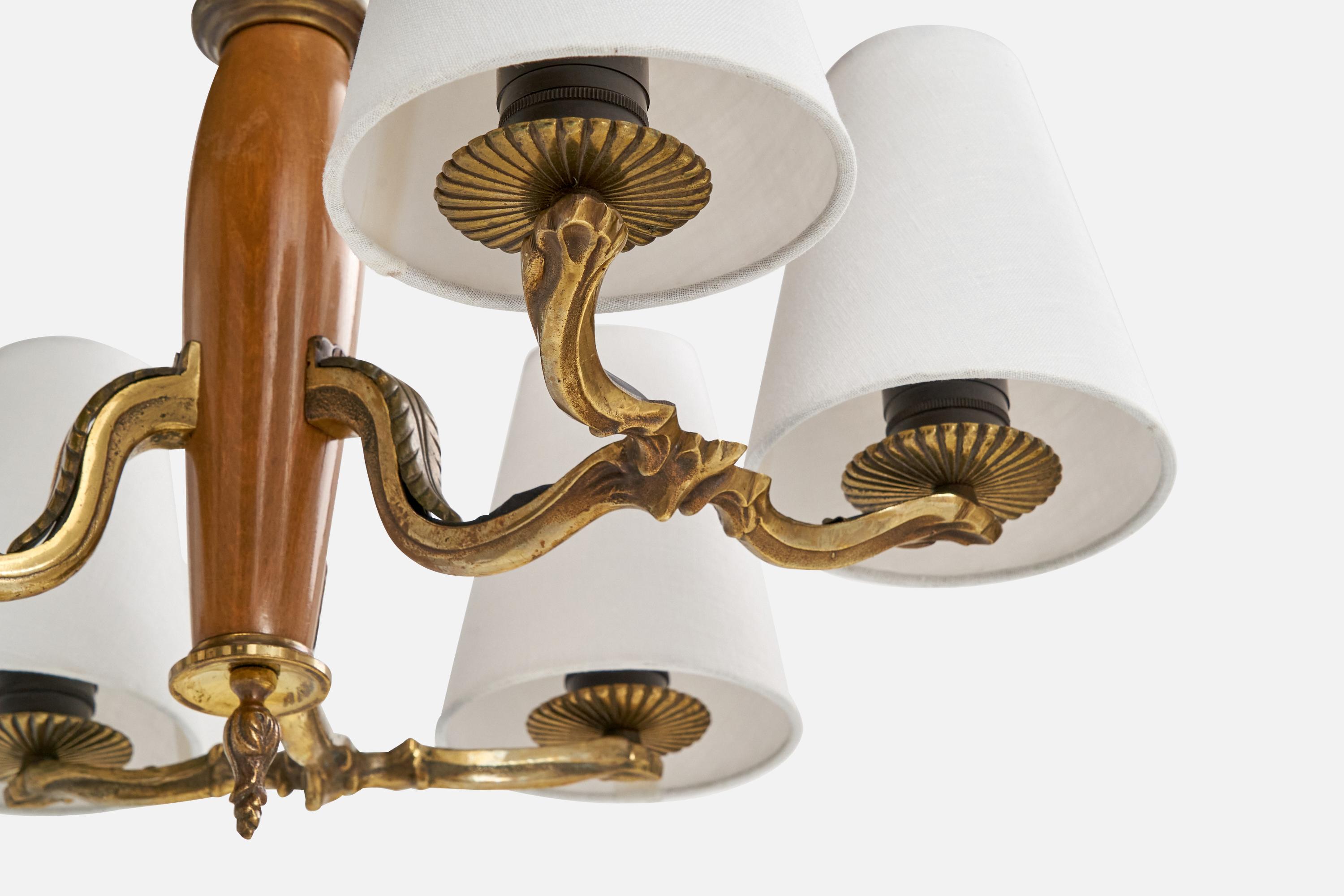 Paavo Tynell, Chandelier, Brass, Wood, Fabric, Finland, 1930s For Sale 3