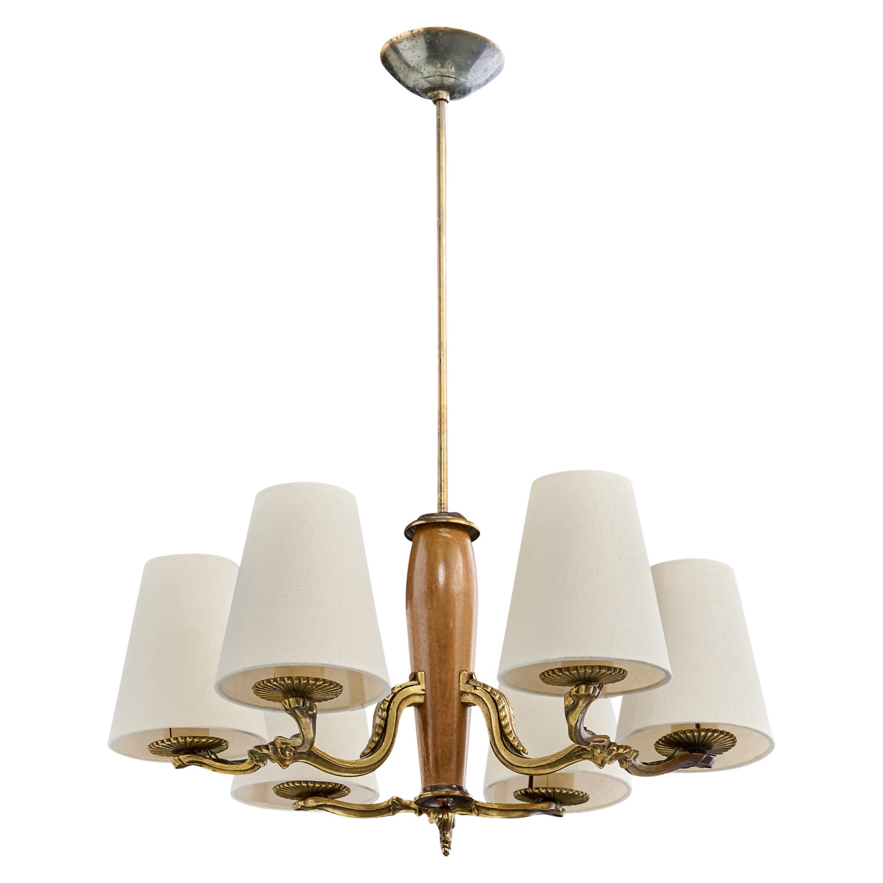 Paavo Tynell, Chandelier, Brass, Wood, Fabric, Finland, 1930s