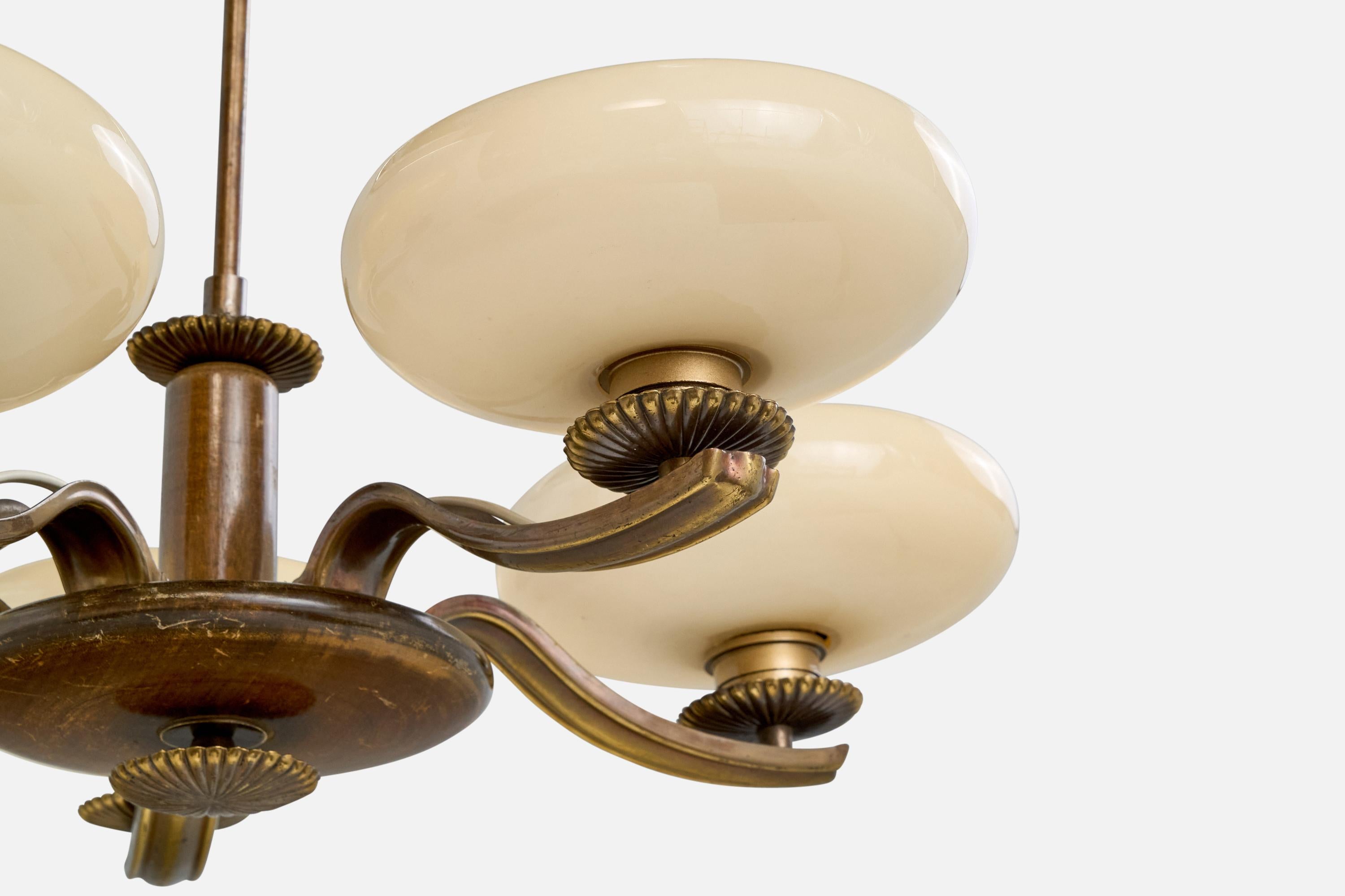 Paavo Tynell, Chandelier, Brass, Wood, Glass, Finland, 1930s 4