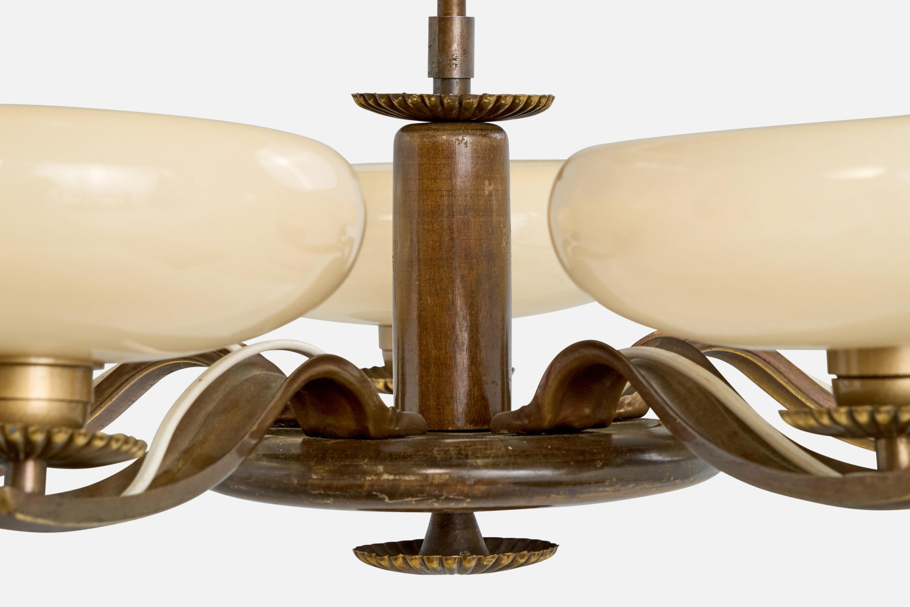 Paavo Tynell, Chandelier, Brass, Wood, Glass, Finland, 1930s 6