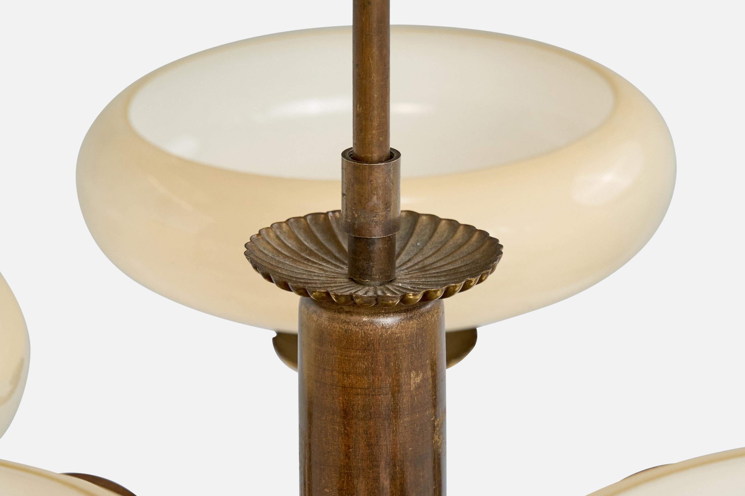 Scandinavian Modern Paavo Tynell, Chandelier, Brass, Wood, Glass, Finland, 1930s