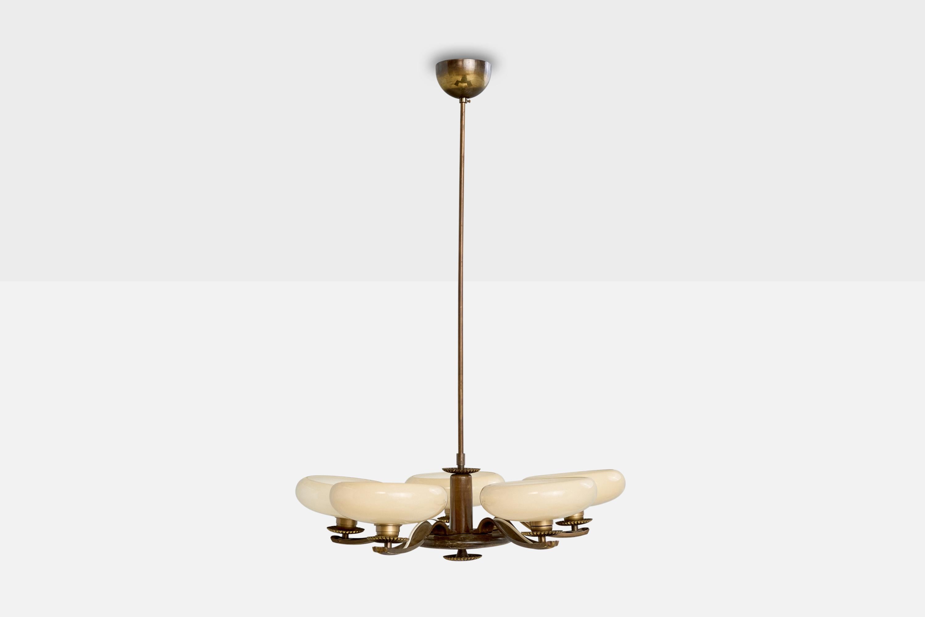 Paavo Tynell, Chandelier, Brass, Wood, Glass, Finland, 1930s In Good Condition In High Point, NC