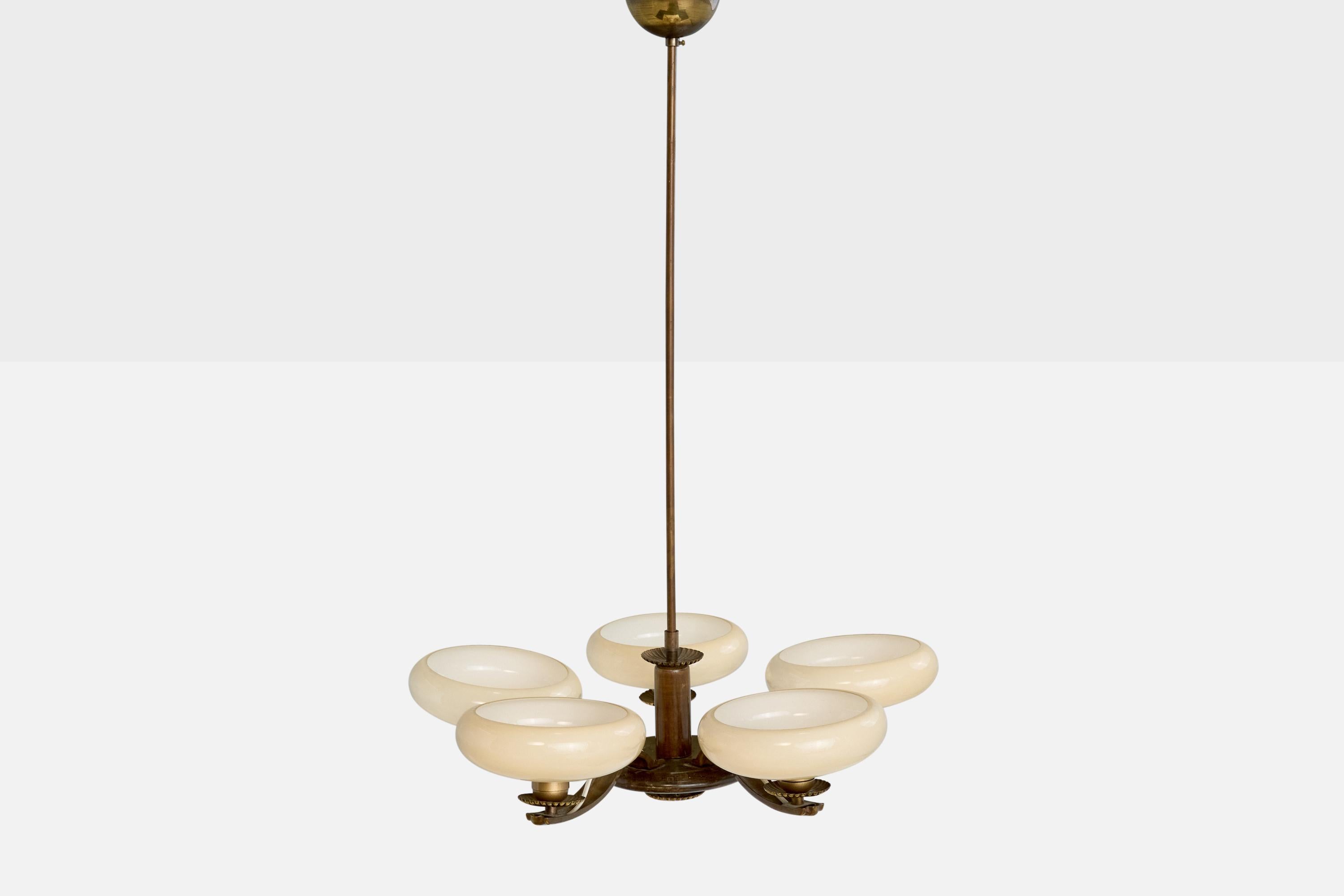 Mid-20th Century Paavo Tynell, Chandelier, Brass, Wood, Glass, Finland, 1930s