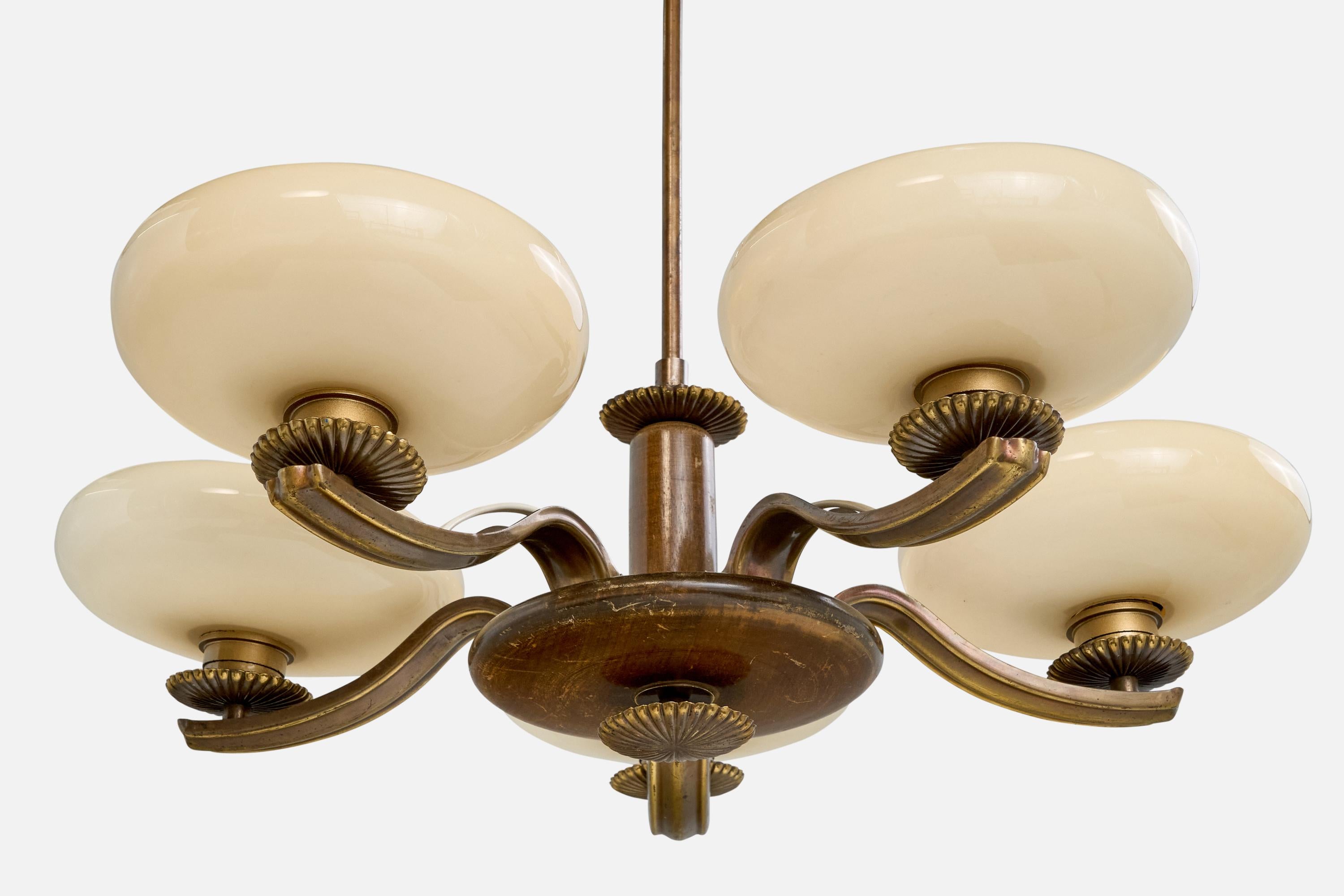 Paavo Tynell, Chandelier, Brass, Wood, Glass, Finland, 1930s 1