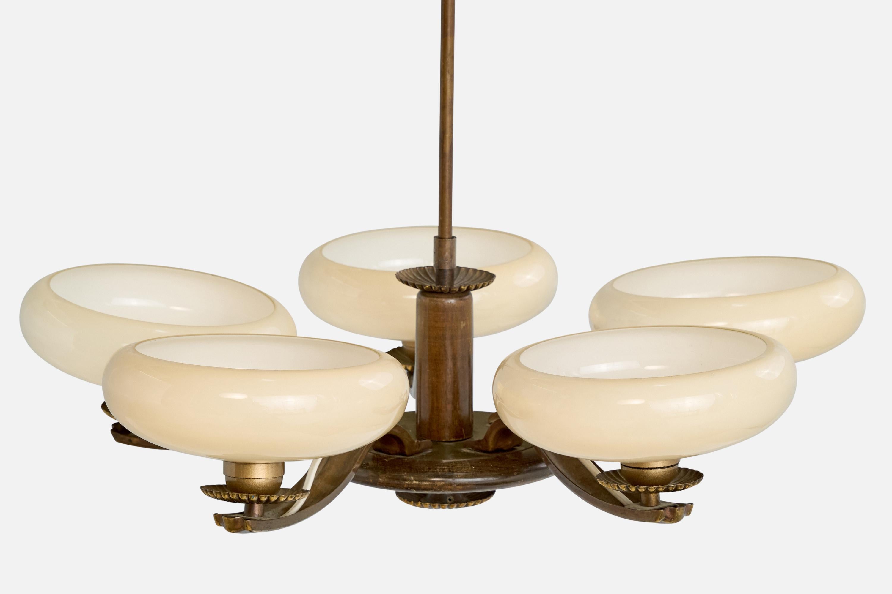 Paavo Tynell, Chandelier, Brass, Wood, Glass, Finland, 1930s 2