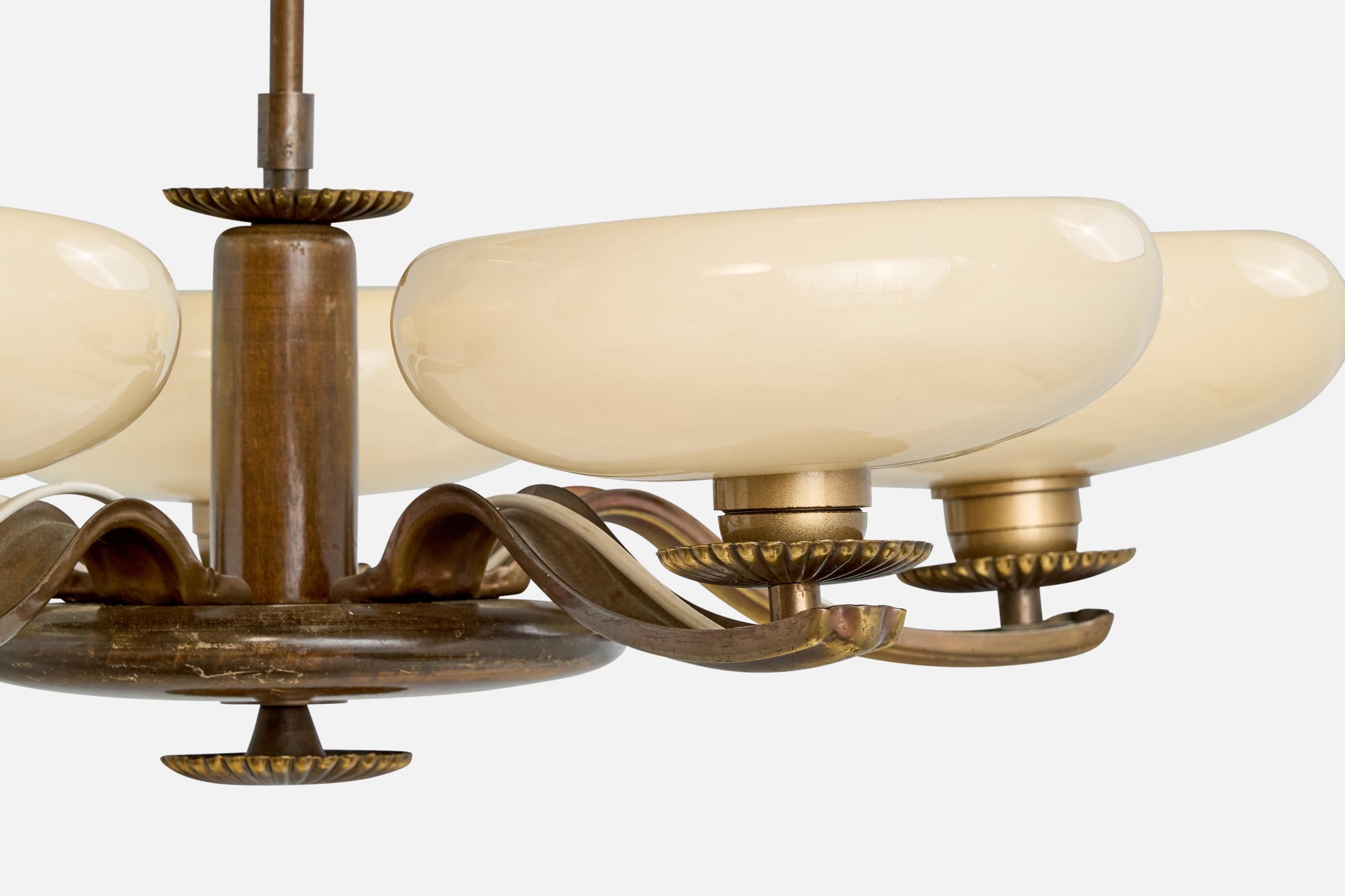 Paavo Tynell, Chandelier, Brass, Wood, Glass, Finland, 1930s 3