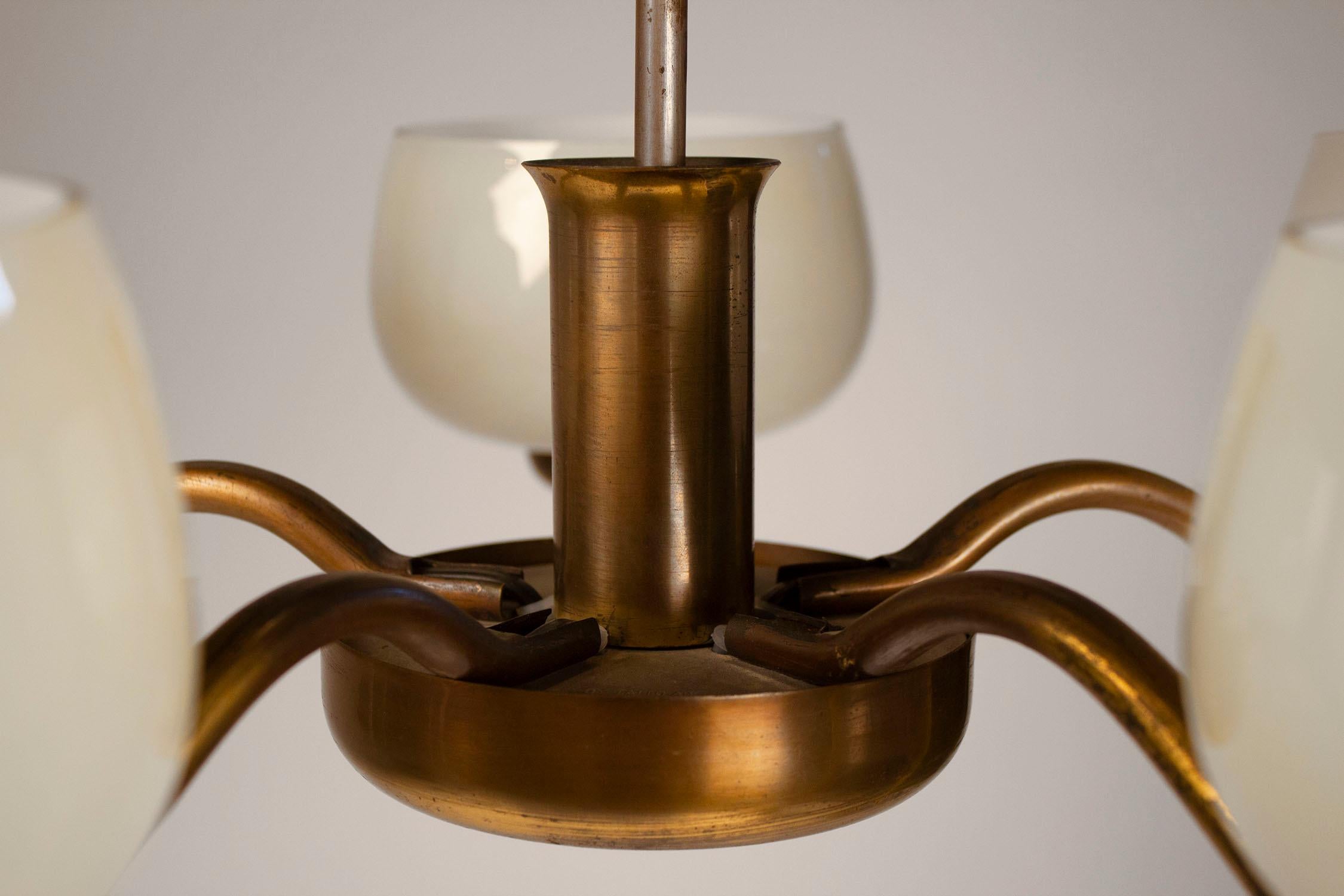 Paavo Tynell Chandelier for Taito Brass & Blown Glass Mid-Century Modern, 1940s 5
