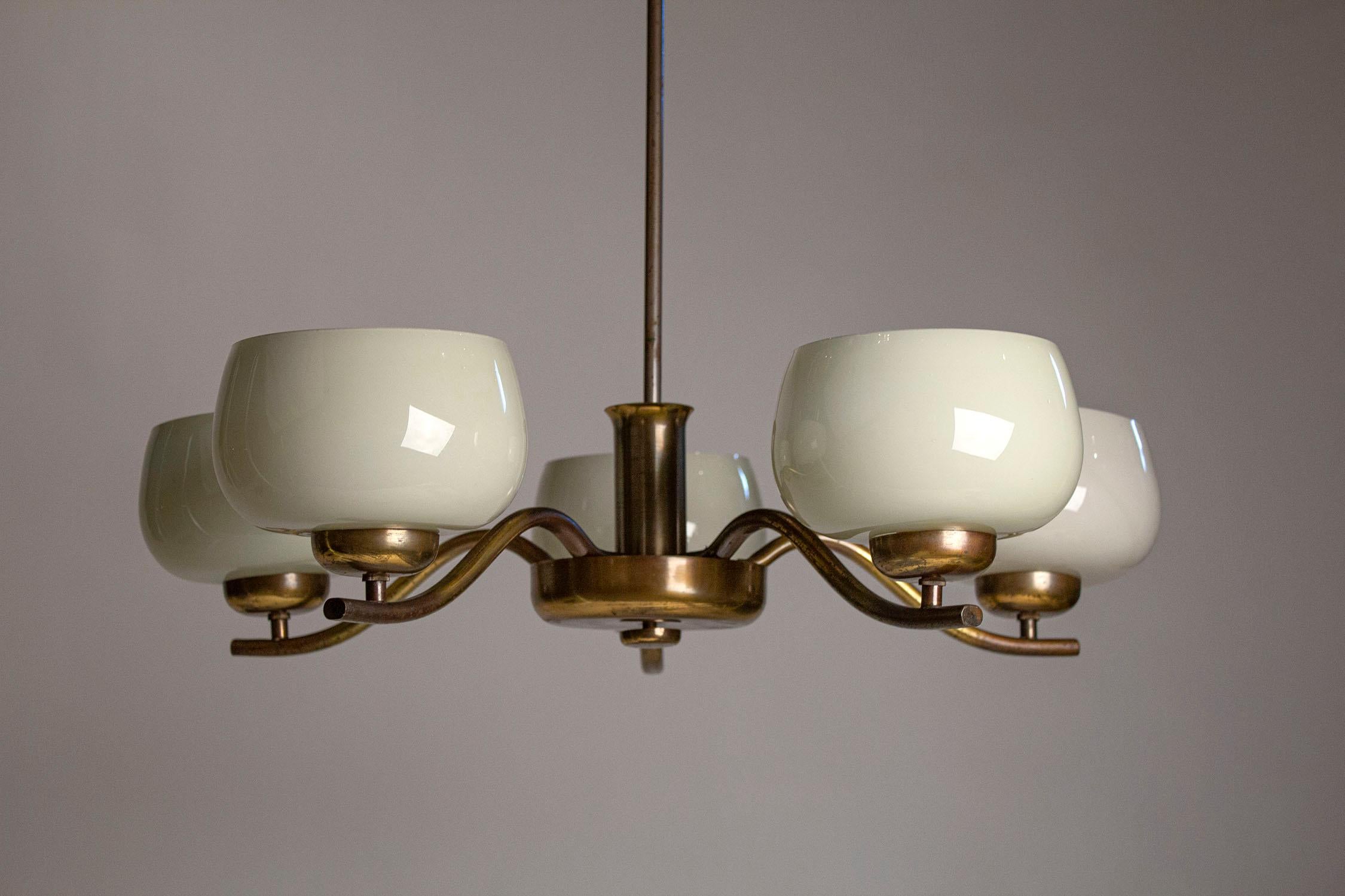 Paavo Tynell Chandelier for Taito Brass & Blown Glass Mid-Century Modern, 1940s In Good Condition In Dallas, TX