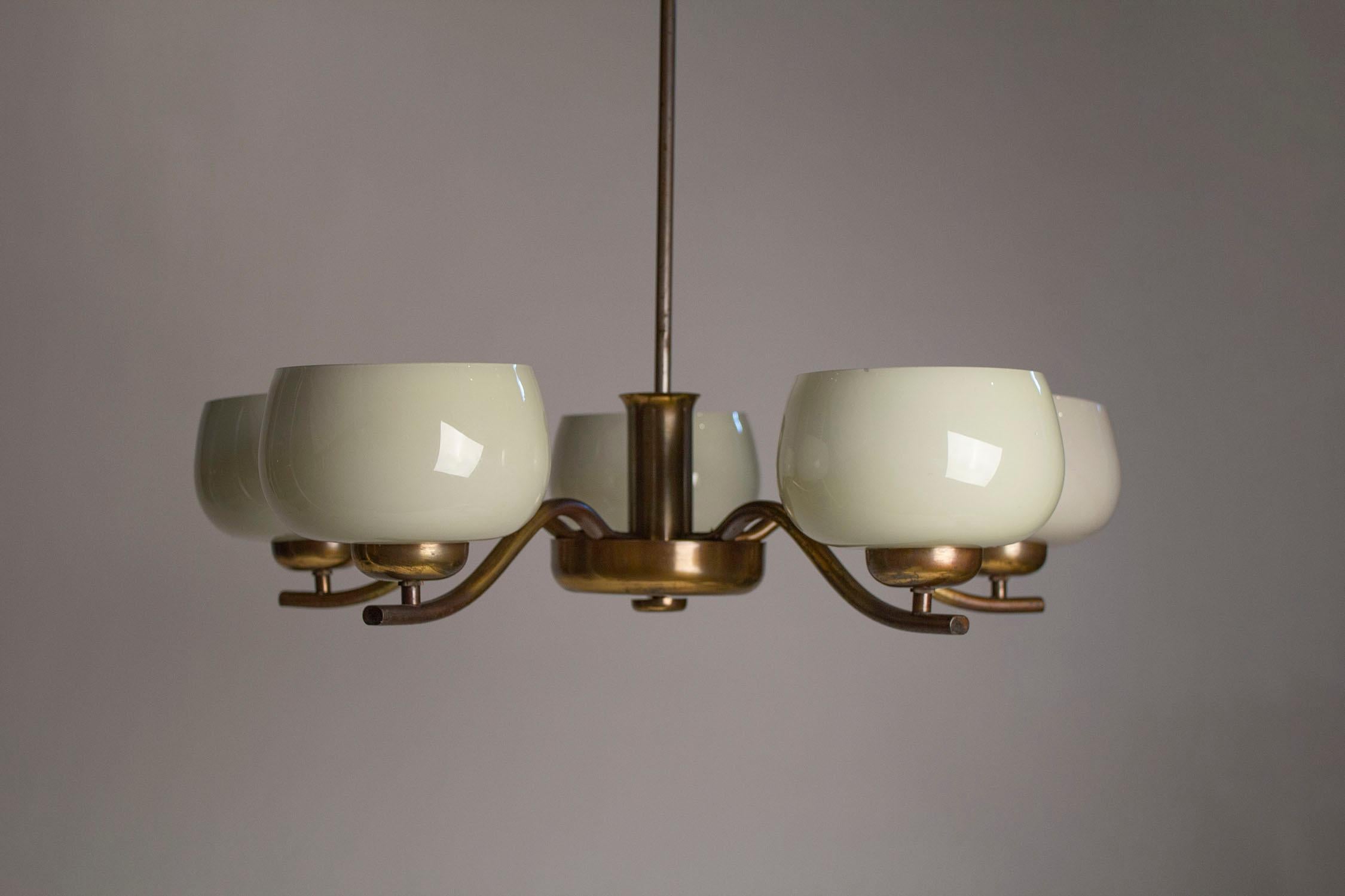 20th Century Paavo Tynell Chandelier for Taito Brass & Blown Glass Mid-Century Modern, 1940s