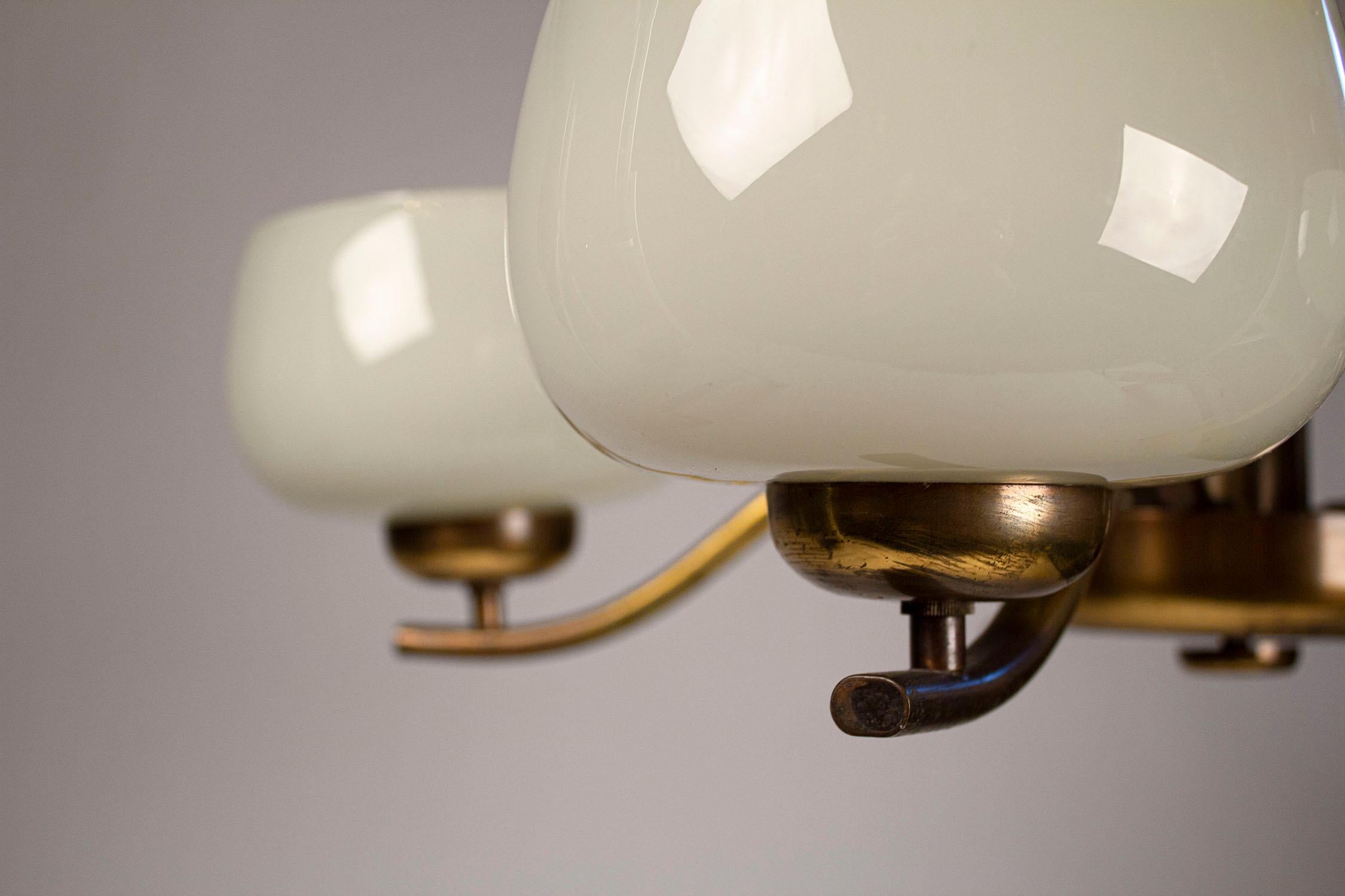 Paavo Tynell Chandelier for Taito Brass & Blown Glass Mid-Century Modern, 1940s 3