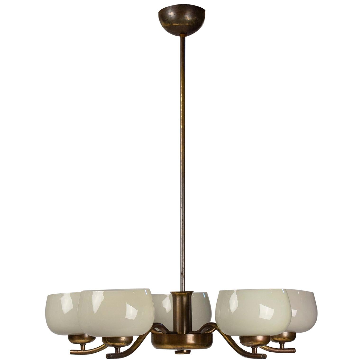 Paavo Tynell Chandelier for Taito Brass & Blown Glass Mid-Century Modern, 1940s