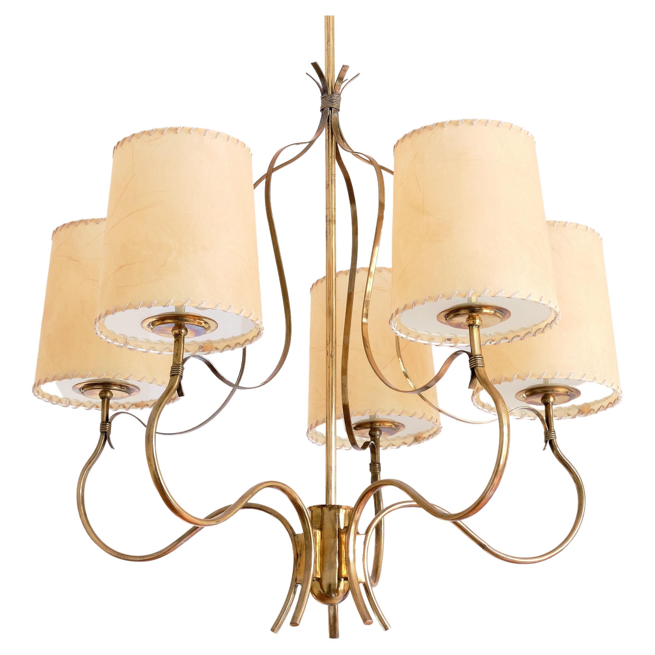 Paavo Tynell Chandelier in Brass and Parchment, Model 9001, Taito Finland, 1940s For Sale