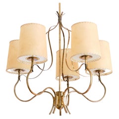 Paavo Tynell Chandelier in Brass and Parchment, Model 9001, Taito Finland, 1940s