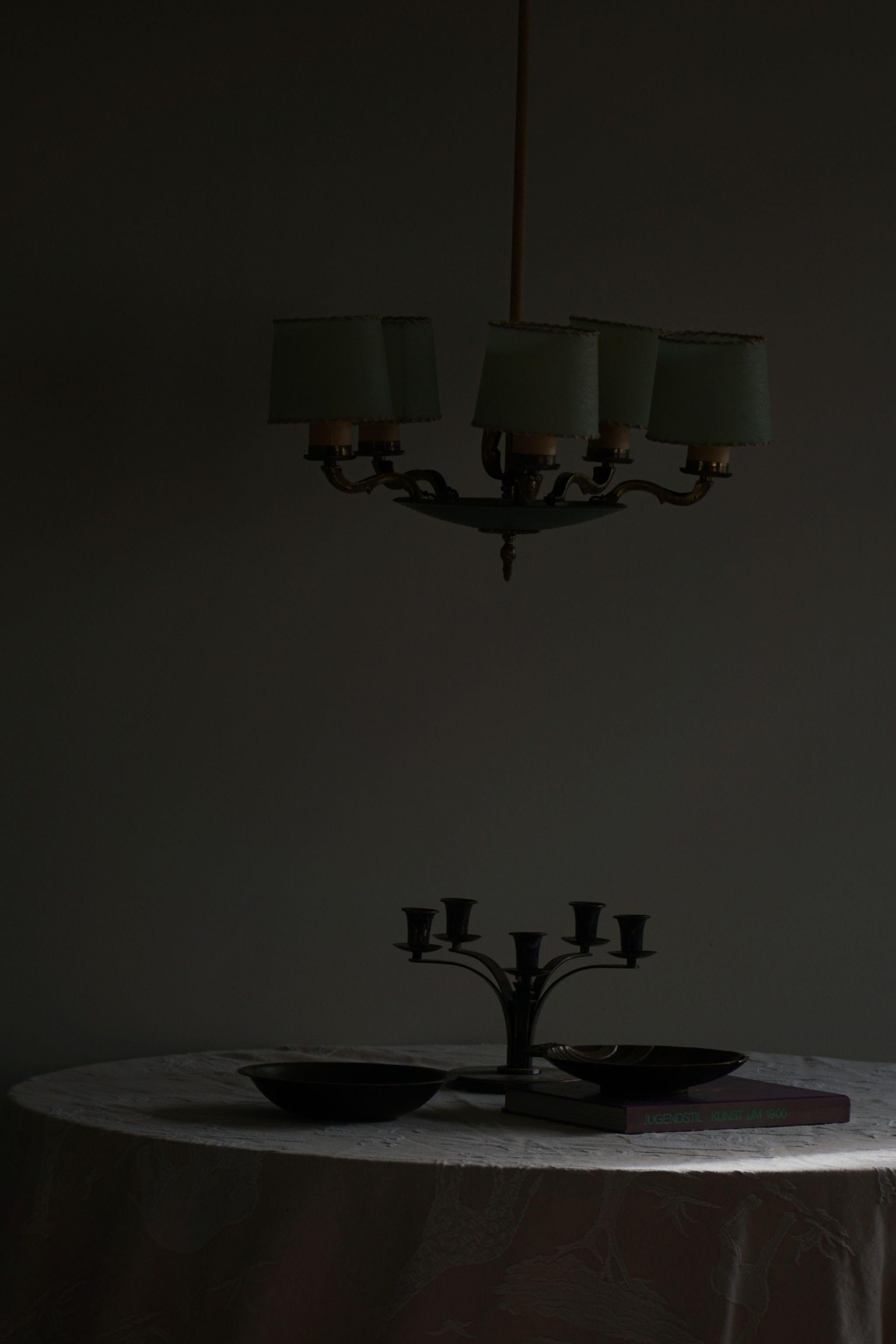 Paavo Tynell, Chandelier in Brass & Metal, 1374, Made by Taito OY, 1930s 10